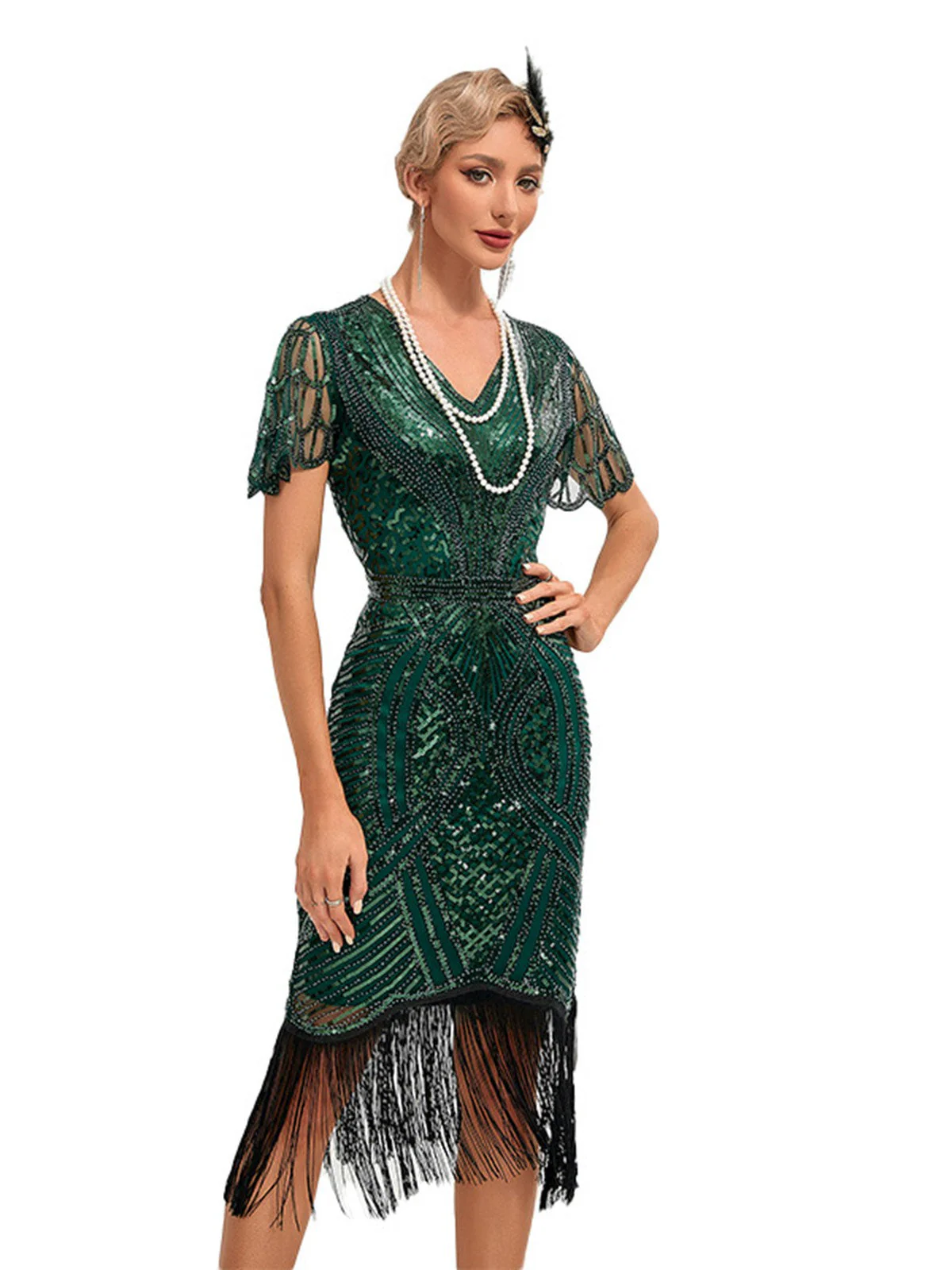 1920er Flügelärmel Quaste Pailletten Kleid