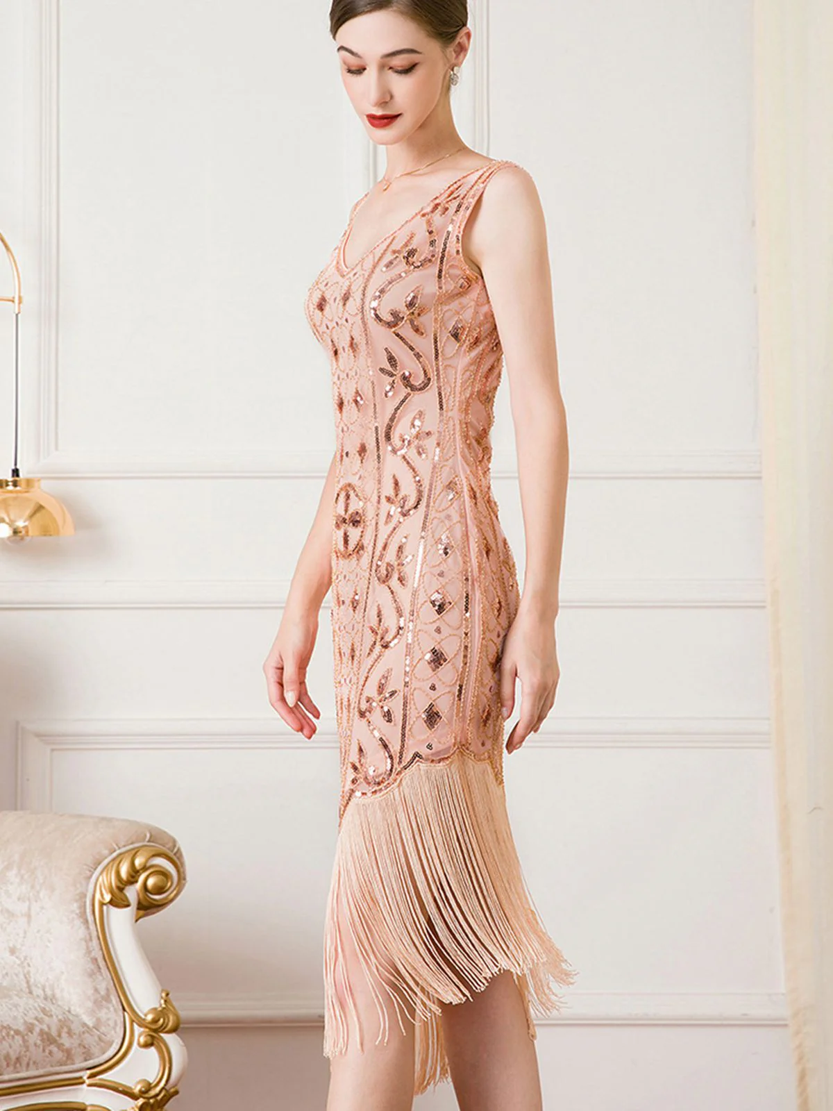1920er Gatsby Paillettens Quaste Schräger Saum Kleid - Image 3