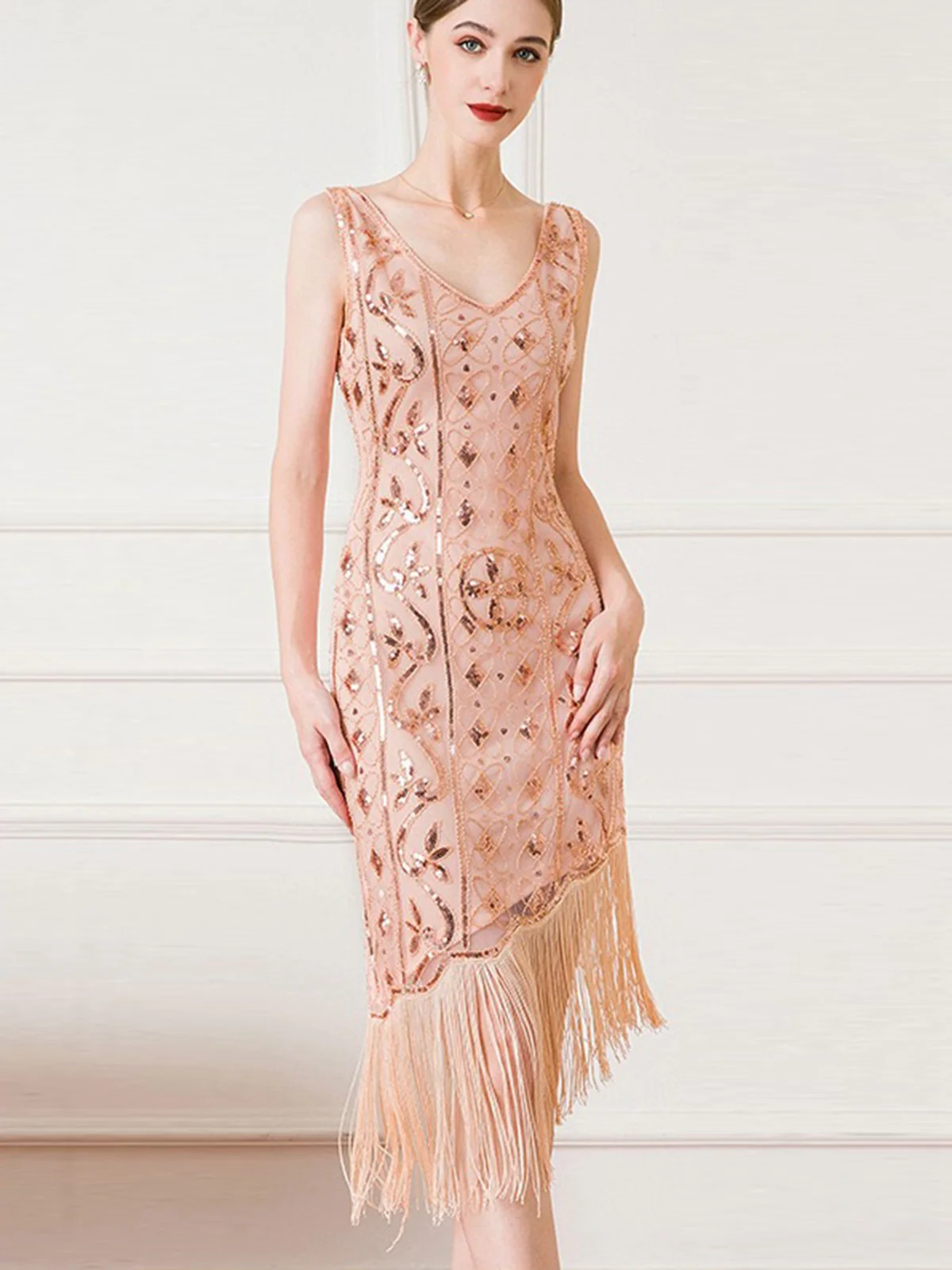 1920er Gatsby Paillettens Quaste Schräger Saum Kleid - Image 4