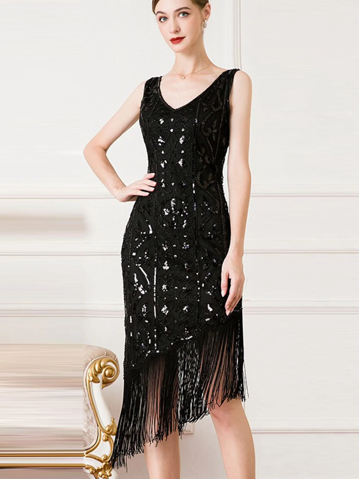 1920er Gatsby Paillettens Quaste Schräger Saum Kleid - Image 5