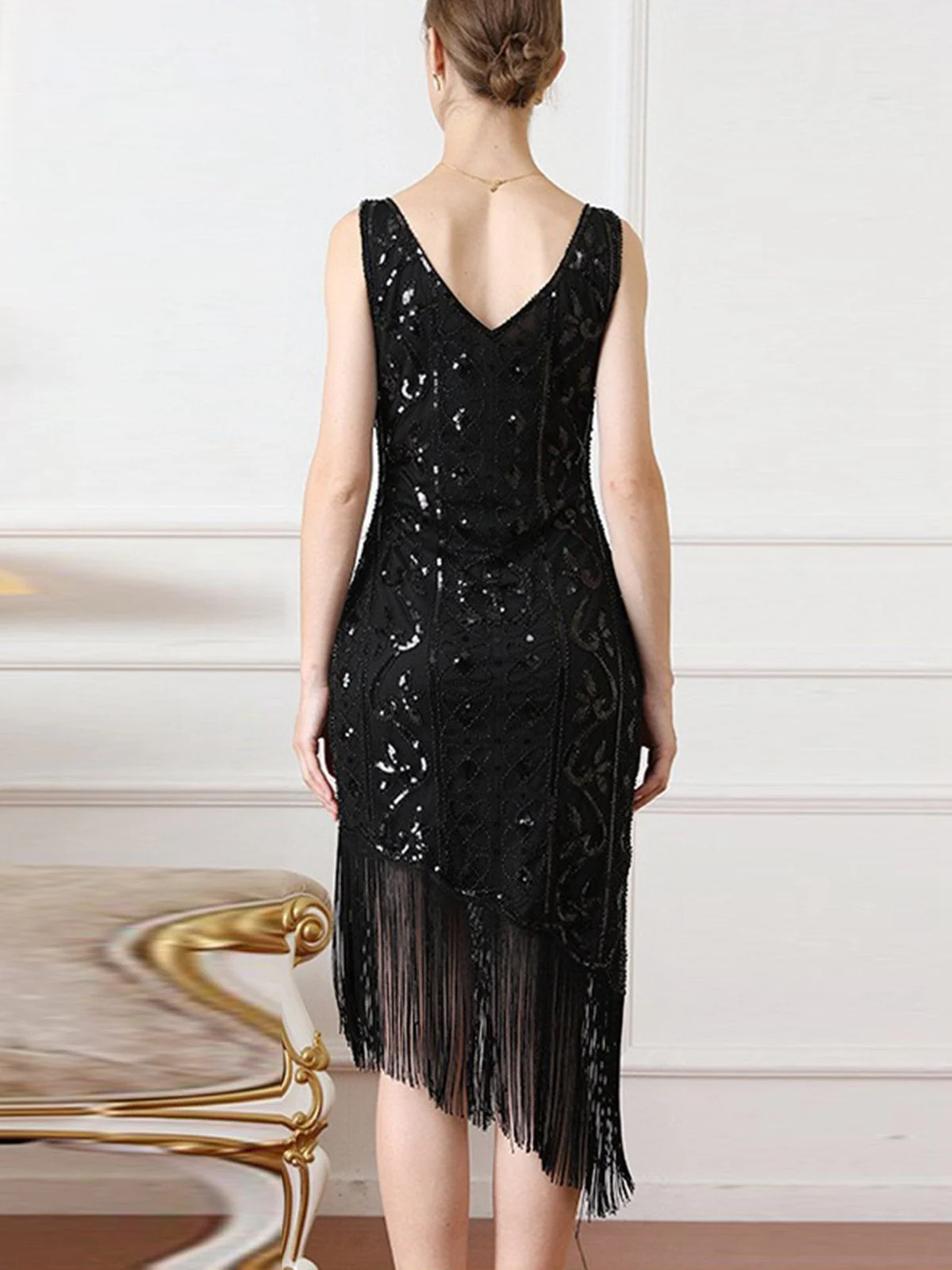 1920er Gatsby Paillettens Quaste Schräger Saum Kleid - Image 6