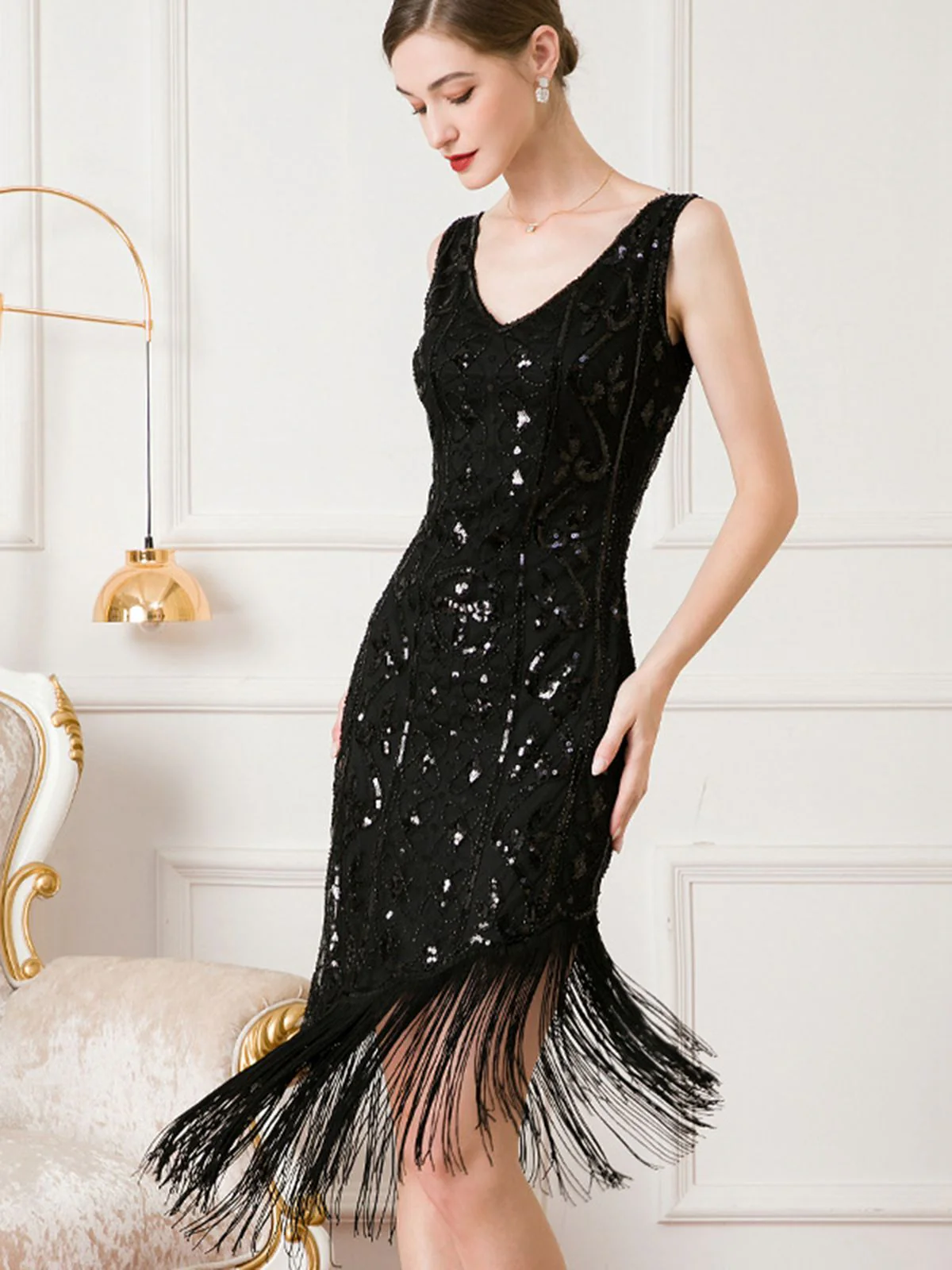 1920er Gatsby Paillettens Quaste Schräger Saum Kleid - Image 7