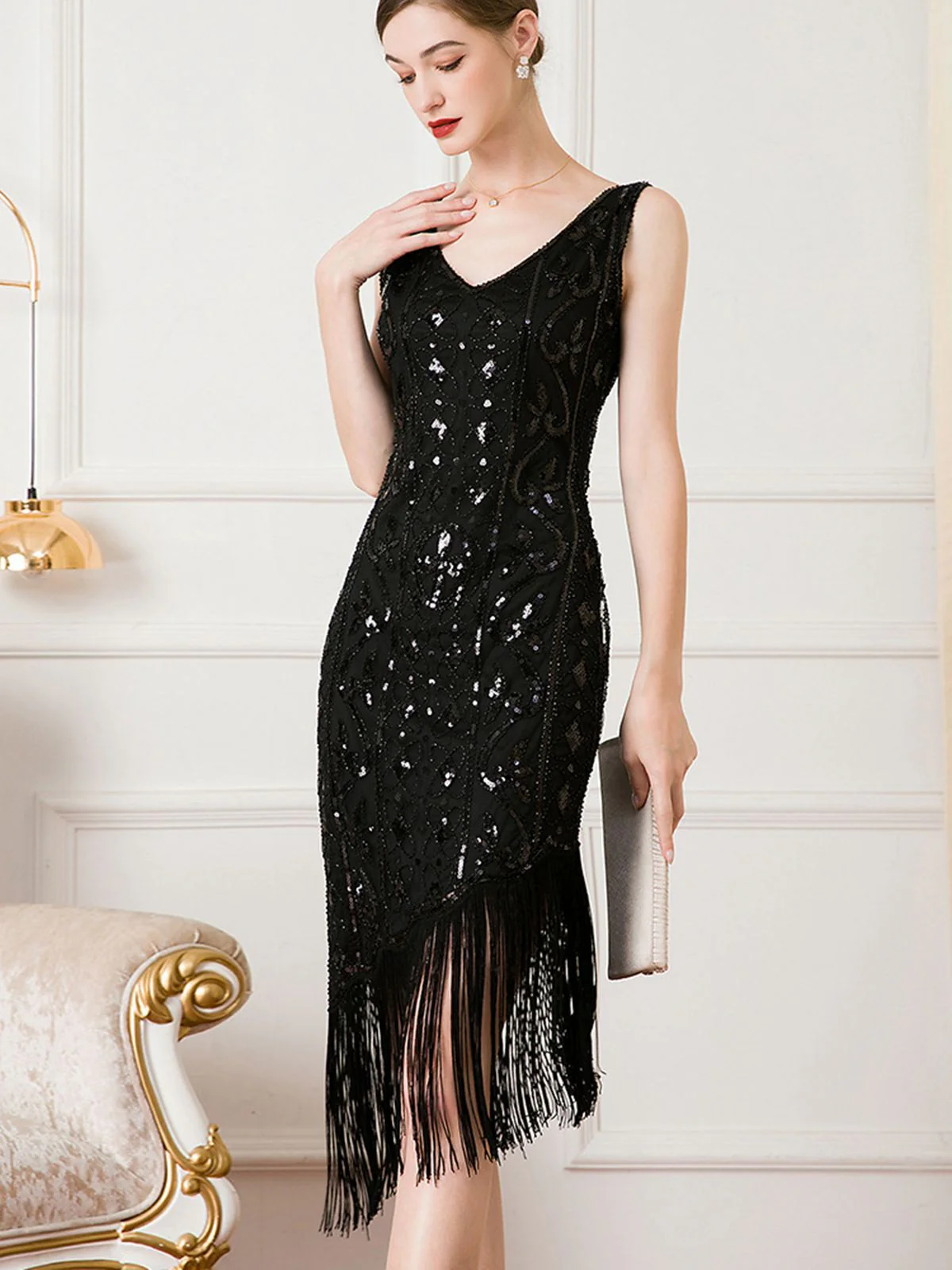 1920er Gatsby Paillettens Quaste Schräger Saum Kleid - Image 8