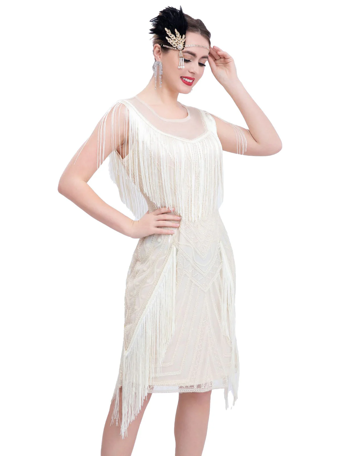 1920er Gatsby Transparenter Hals Quaste Pailletten Kleid - Image 3