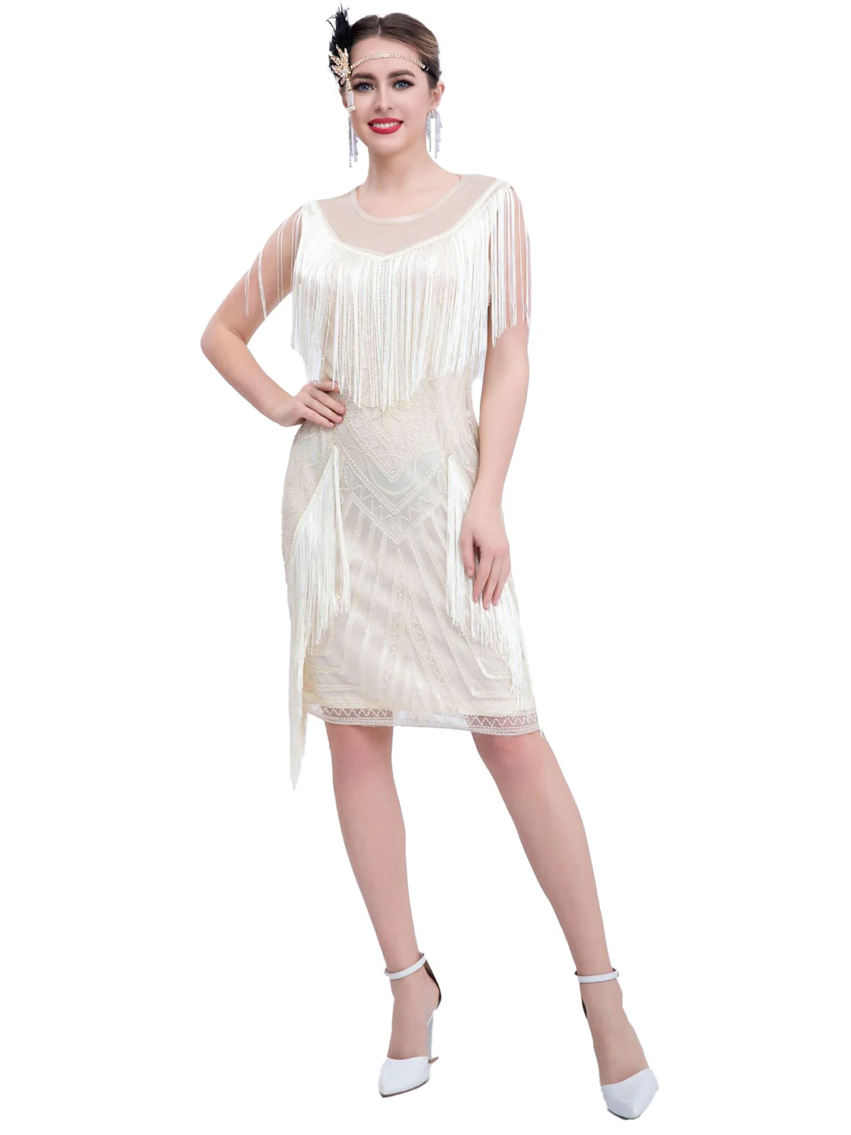 1920er Gatsby Transparenter Hals Quaste Pailletten Kleid - Image 4