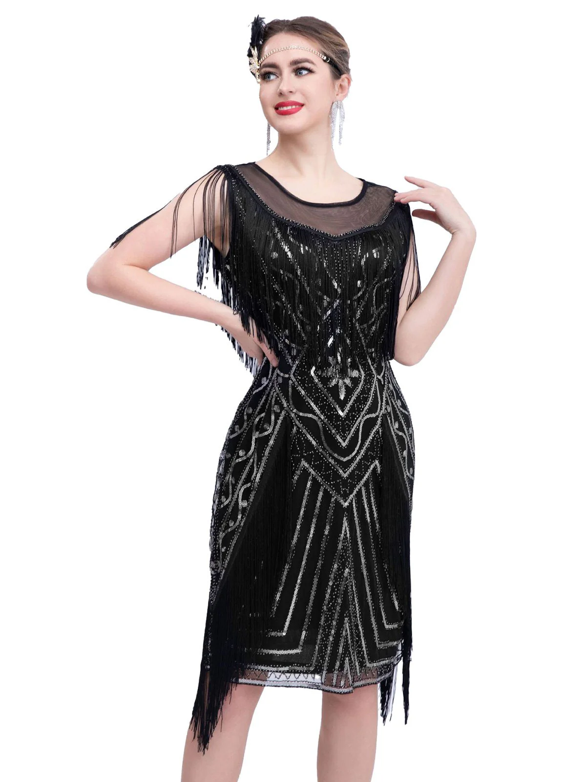 1920er Gatsby Transparenter Hals Quaste Pailletten Kleid - Image 5