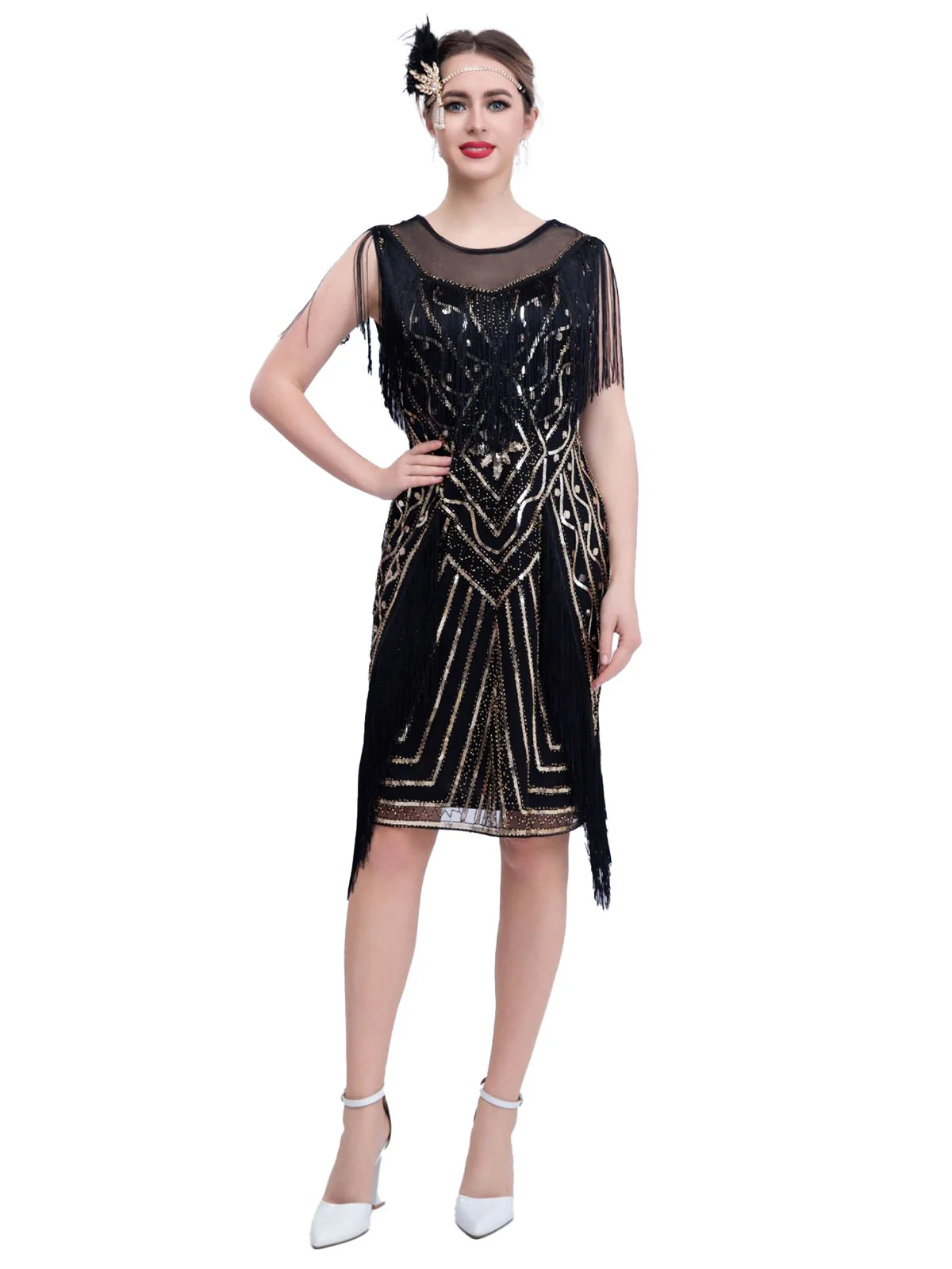 1920er Gatsby Transparenter Hals Quaste Pailletten Kleid - Image 6