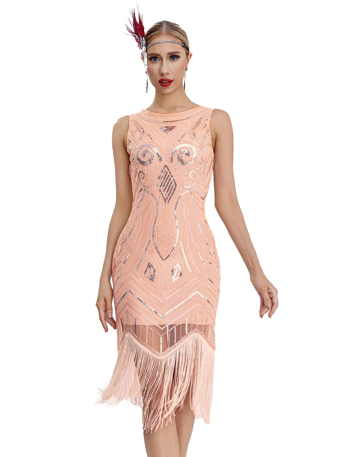 1920er Pailletten Ärmellos Fransensaum Kleid - Image 4