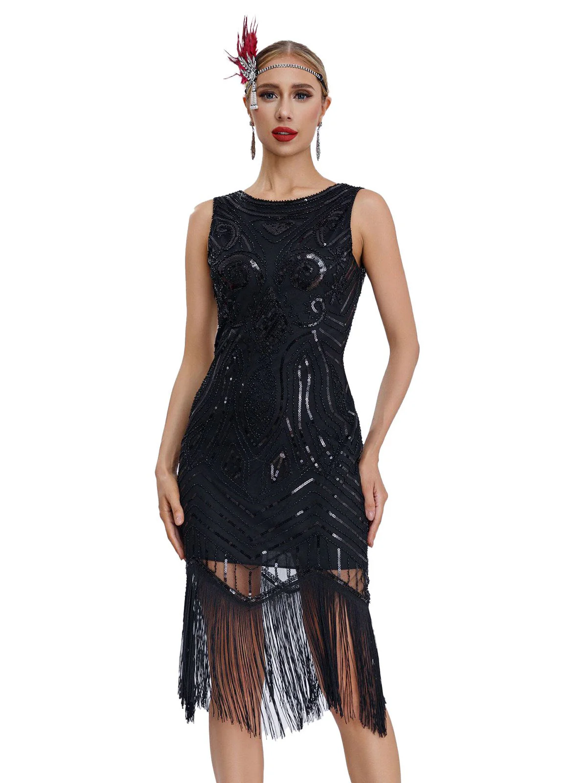 1920er Pailletten Ärmellos Fransensaum Kleid - Image 6