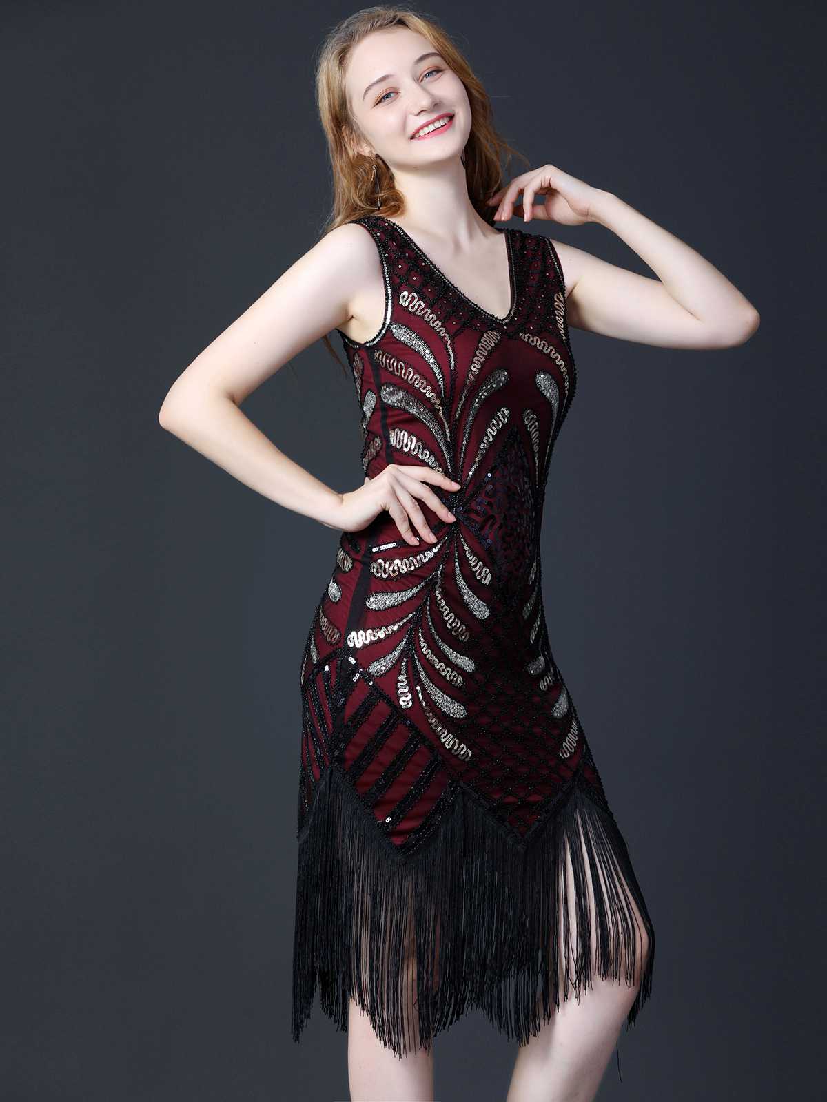 1920er Pailletten Quaste Flapper Ärmellos Kleid - Image 2