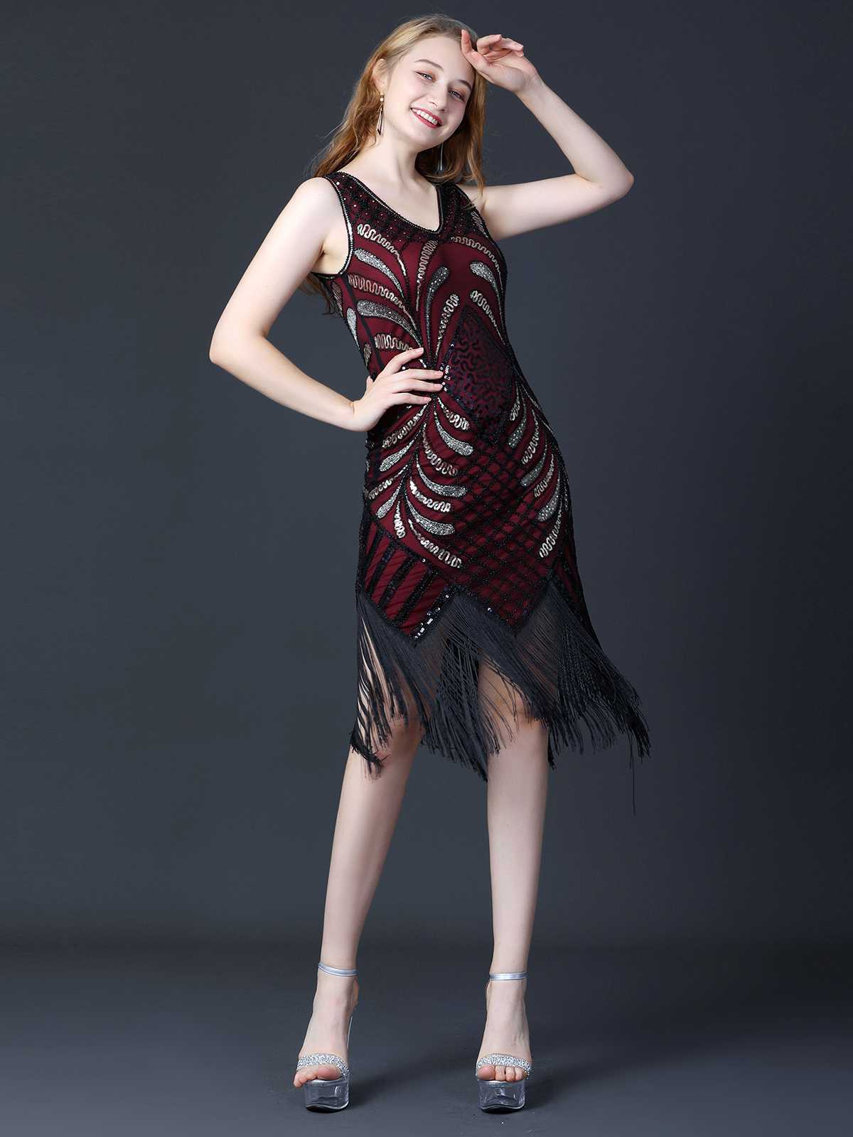 1920er Pailletten Quaste Flapper Ärmellos Kleid - Image 3