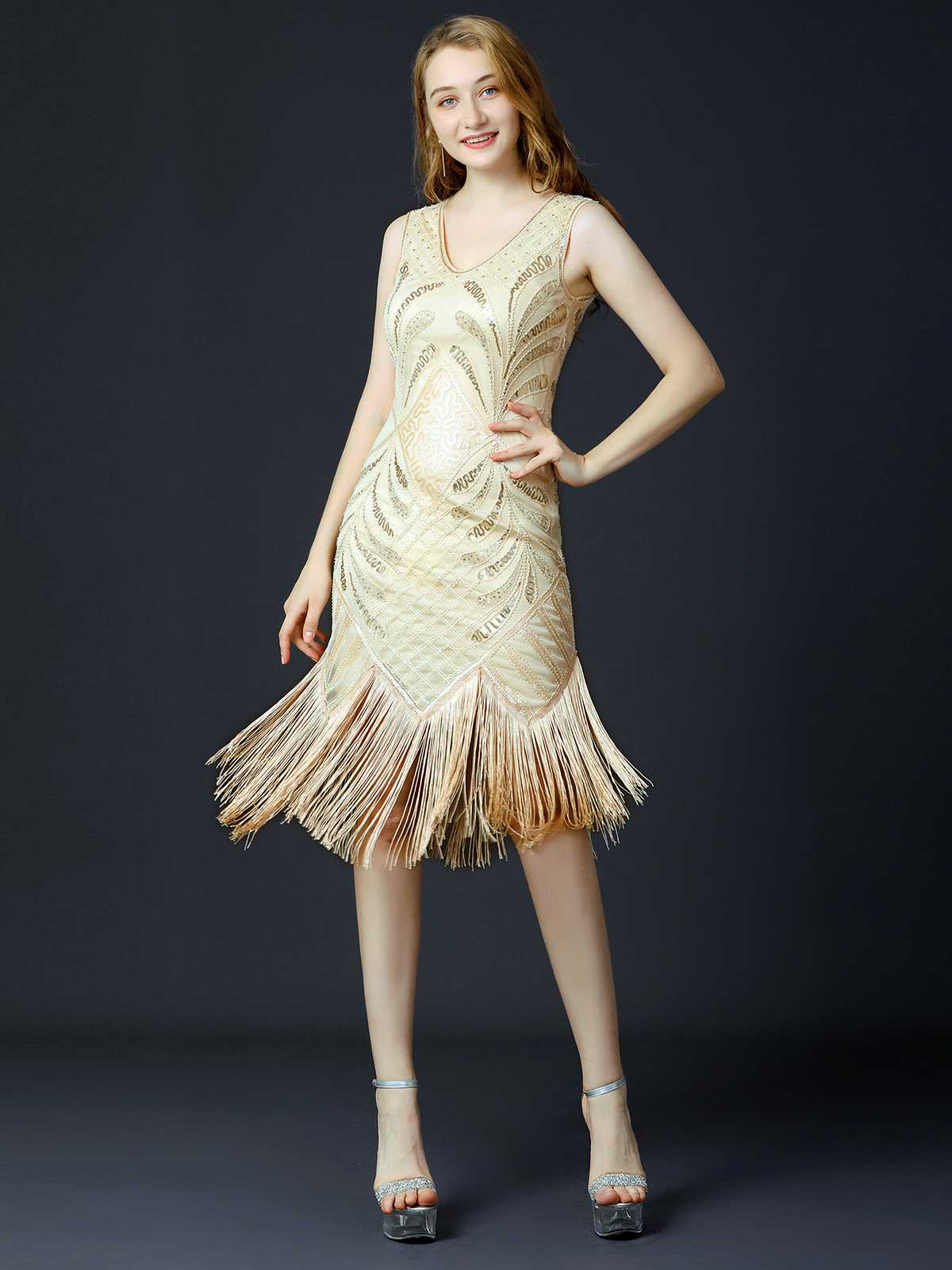 1920er Pailletten Quaste Flapper Ärmellos Kleid - Image 5
