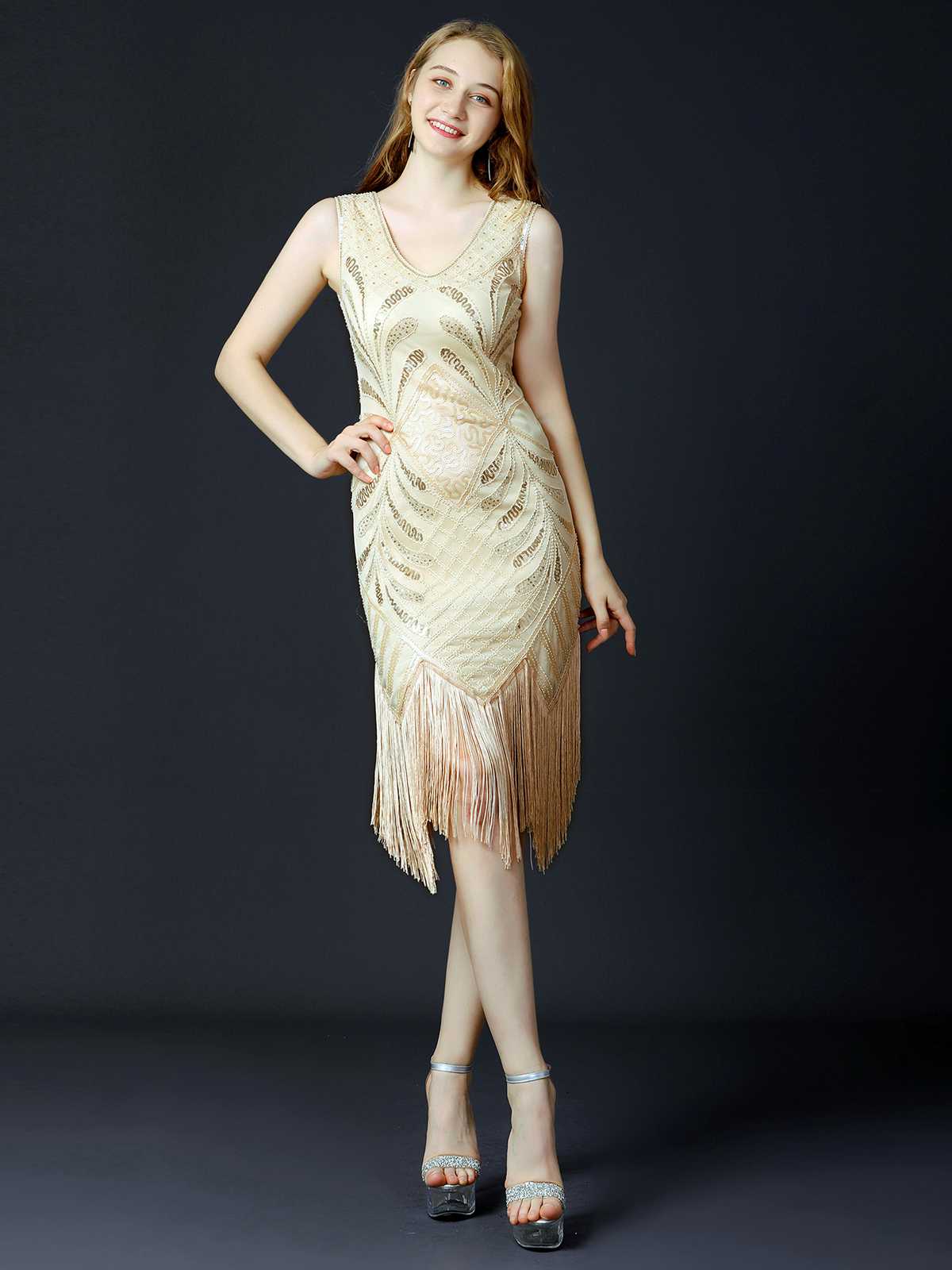 1920er Pailletten Quaste Flapper Ärmellos Kleid - Image 8