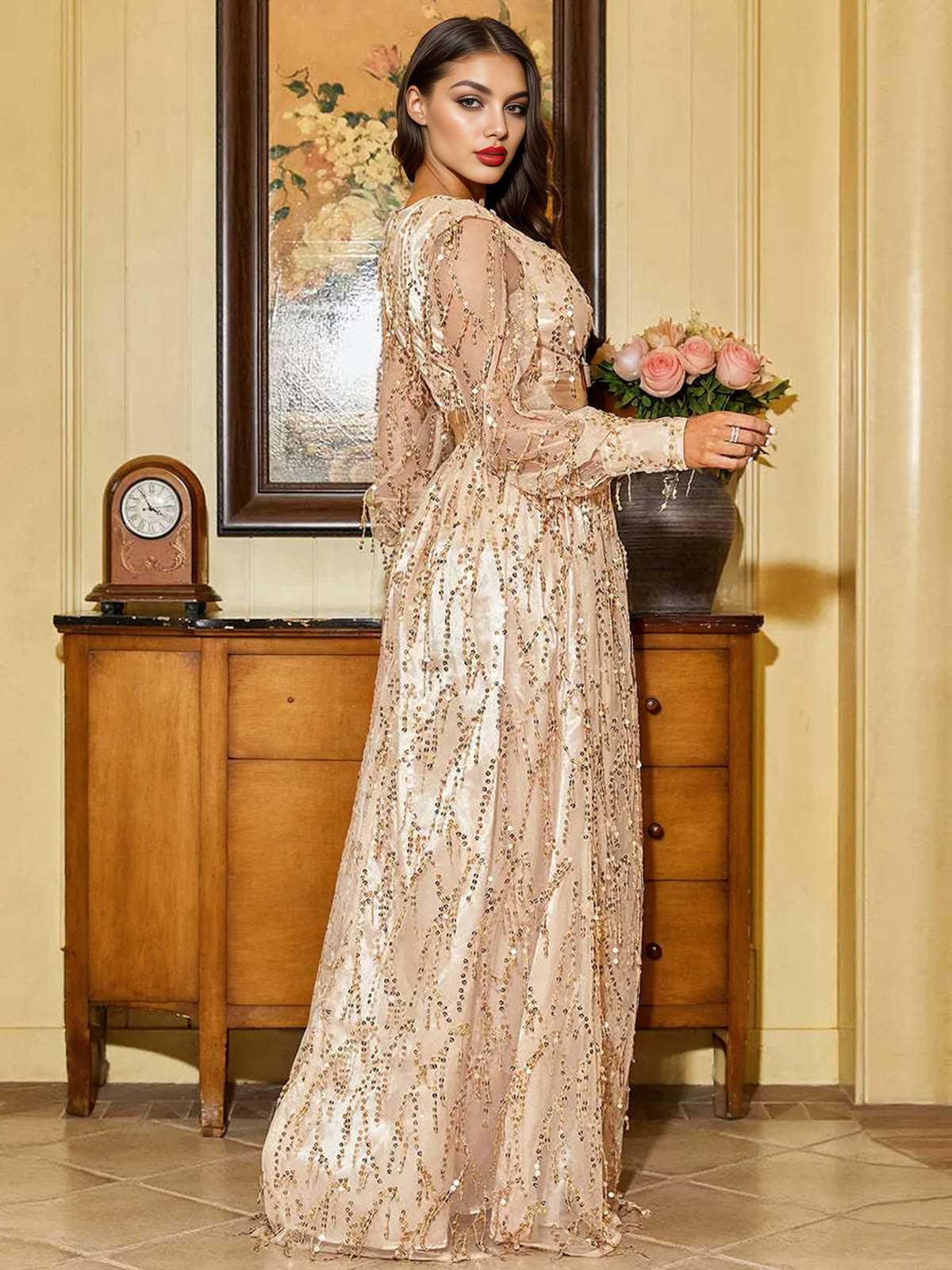 1920er Pailletten Tiefer V-Ausschnitt Schlitz Maxi Kleid - Image 2