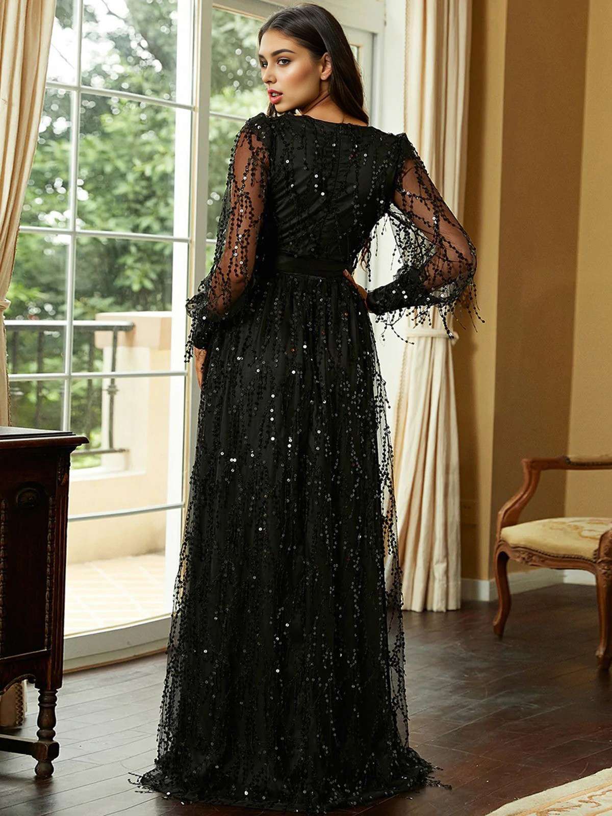 1920er Pailletten Tiefer V-Ausschnitt Schlitz Maxi Kleid - Image 5