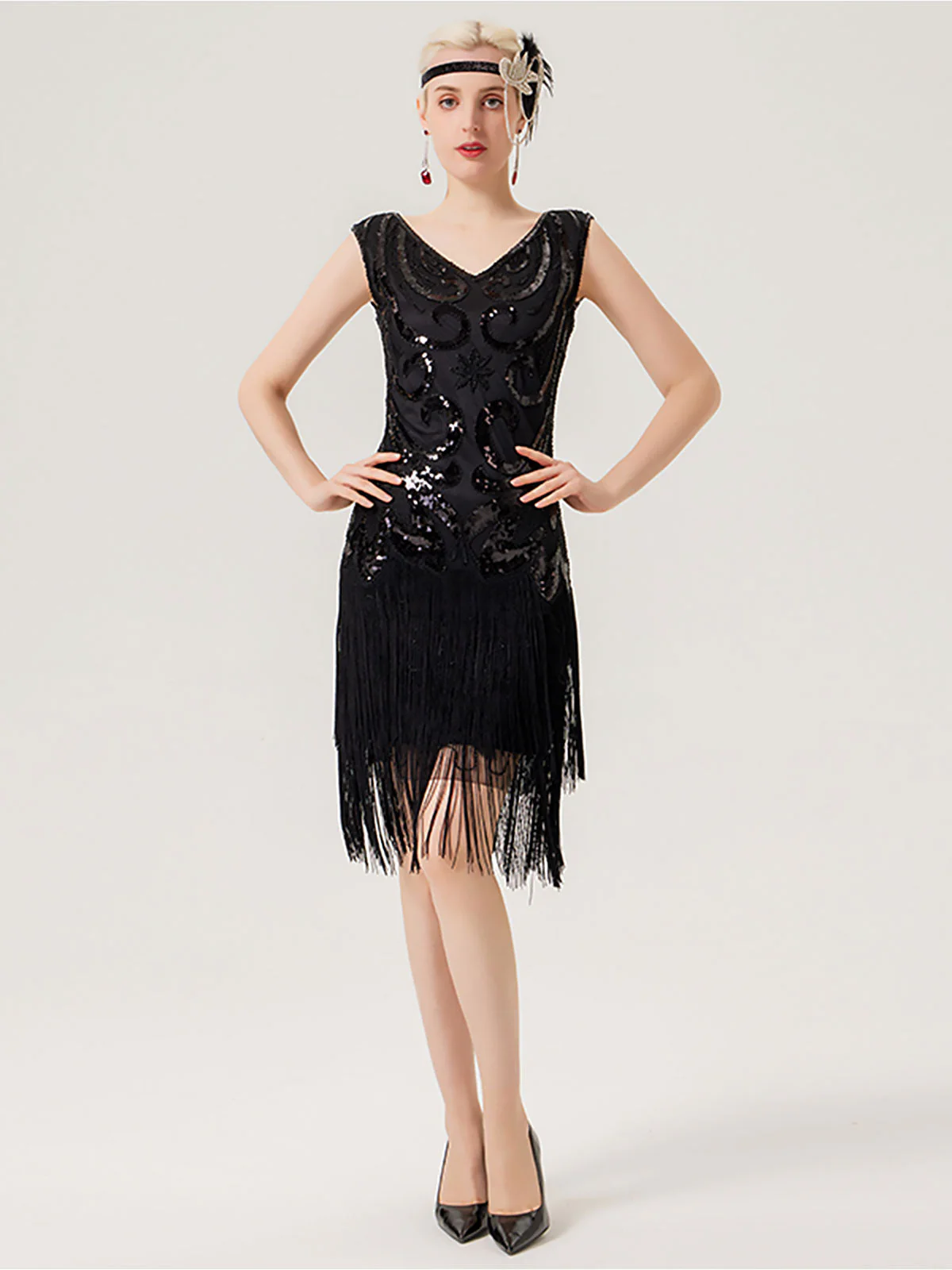 1920er Paillettenbesetztes gefranstes V-Ausschnitt Charleston Kleid - Image 4