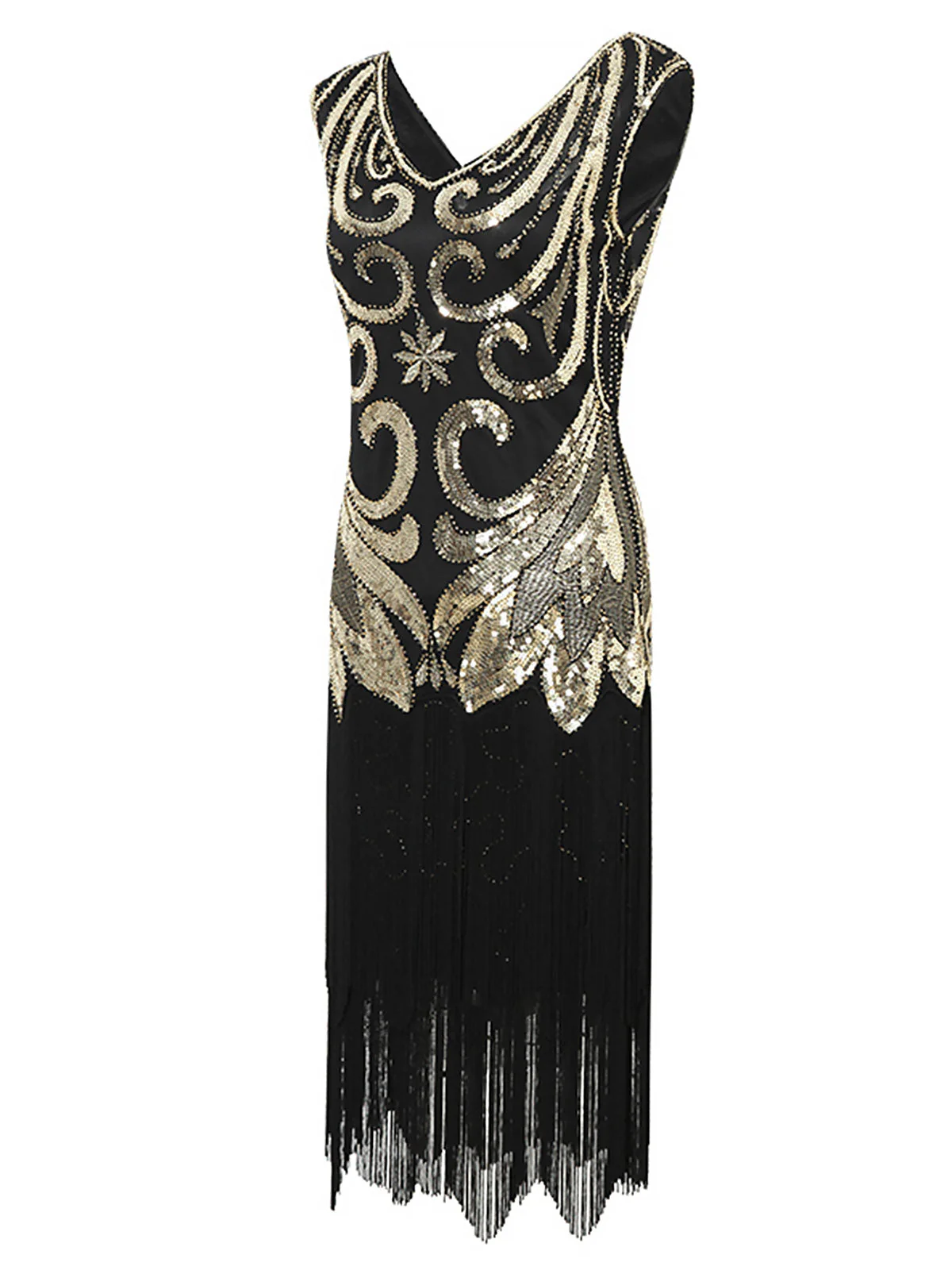 1920er Paillettenbesetztes gefranstes V-Ausschnitt Charleston Kleid - Image 6