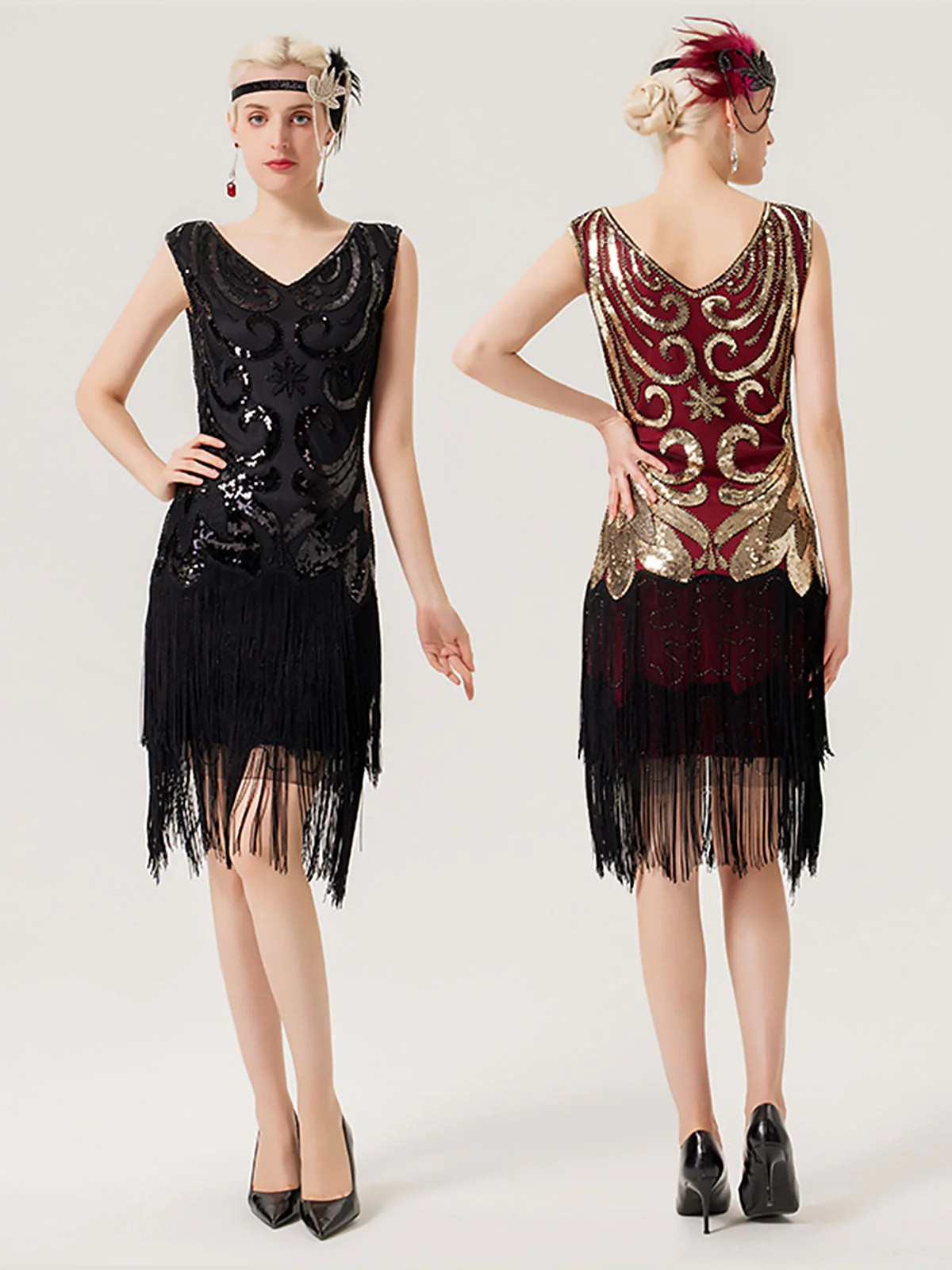 1920er Paillettenbesetztes gefranstes V-Ausschnitt Charleston Kleid - Image 7