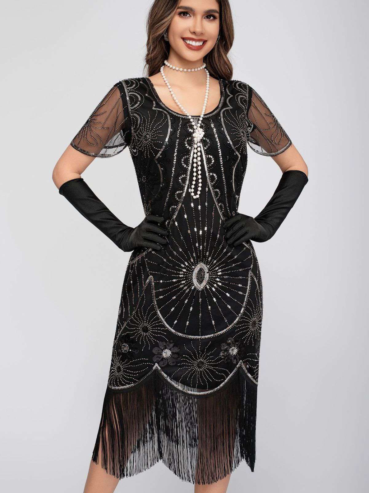 1920er Rundhalsausschnitt Paillette Franse Klappe Kleid