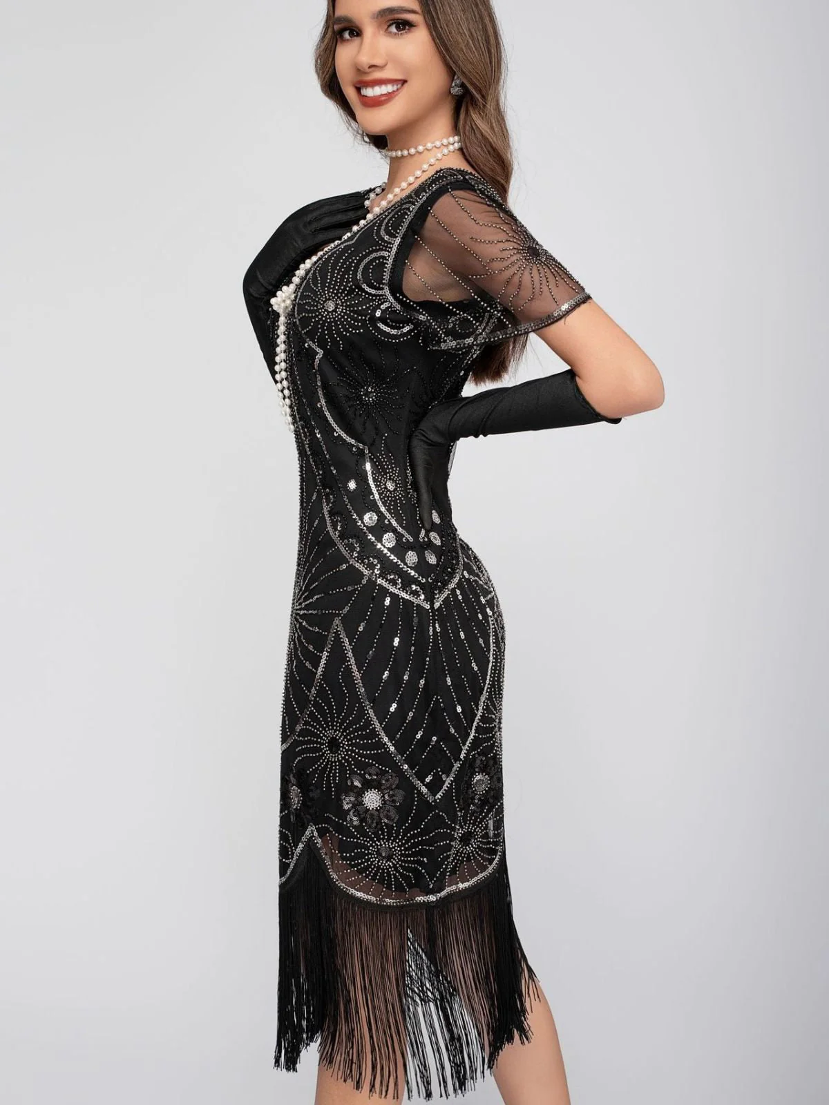 1920er Rundhalsausschnitt Paillette Franse Klappe Kleid - Image 4