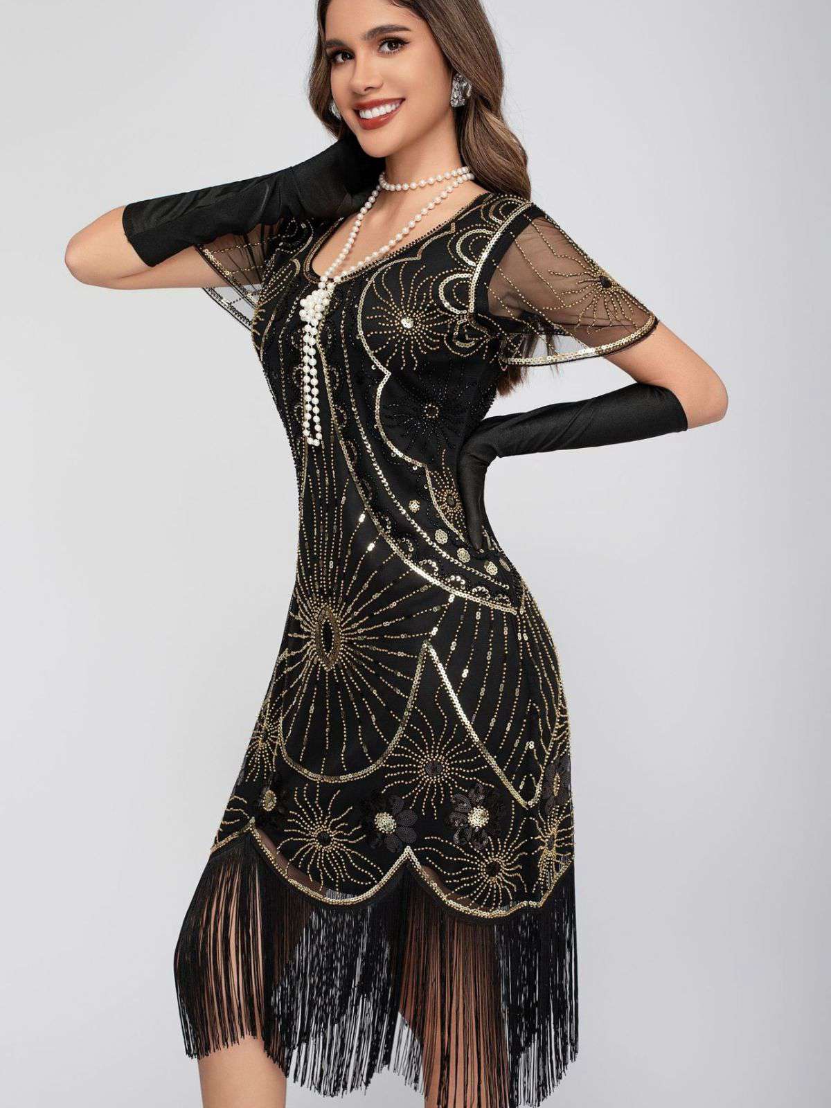 1920er Rundhalsausschnitt Paillette Franse Klappe Kleid - Image 7