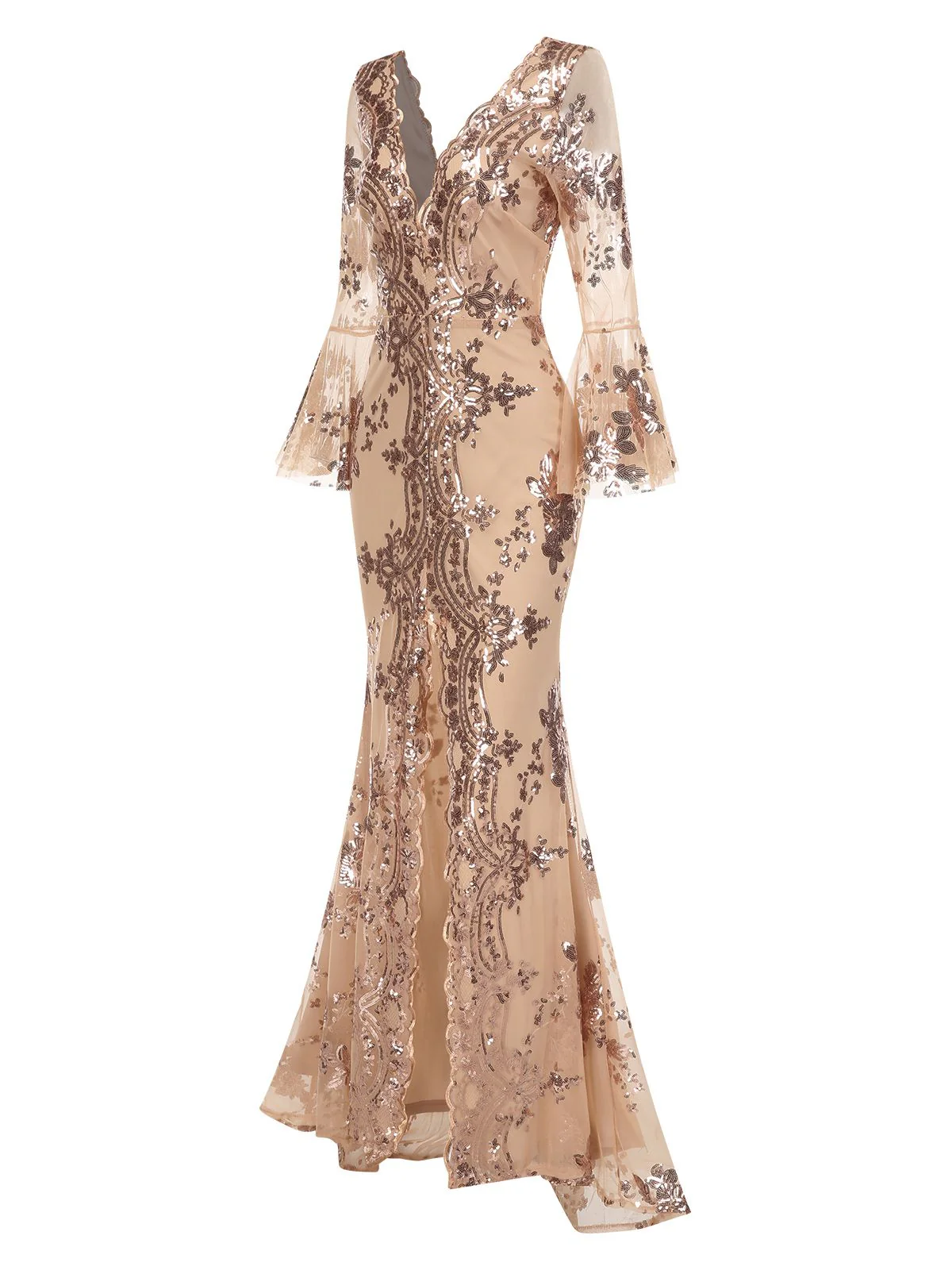 1920er Tiefer V-Ausschnitt Masche Pailletten Maxi Kleid - Image 14
