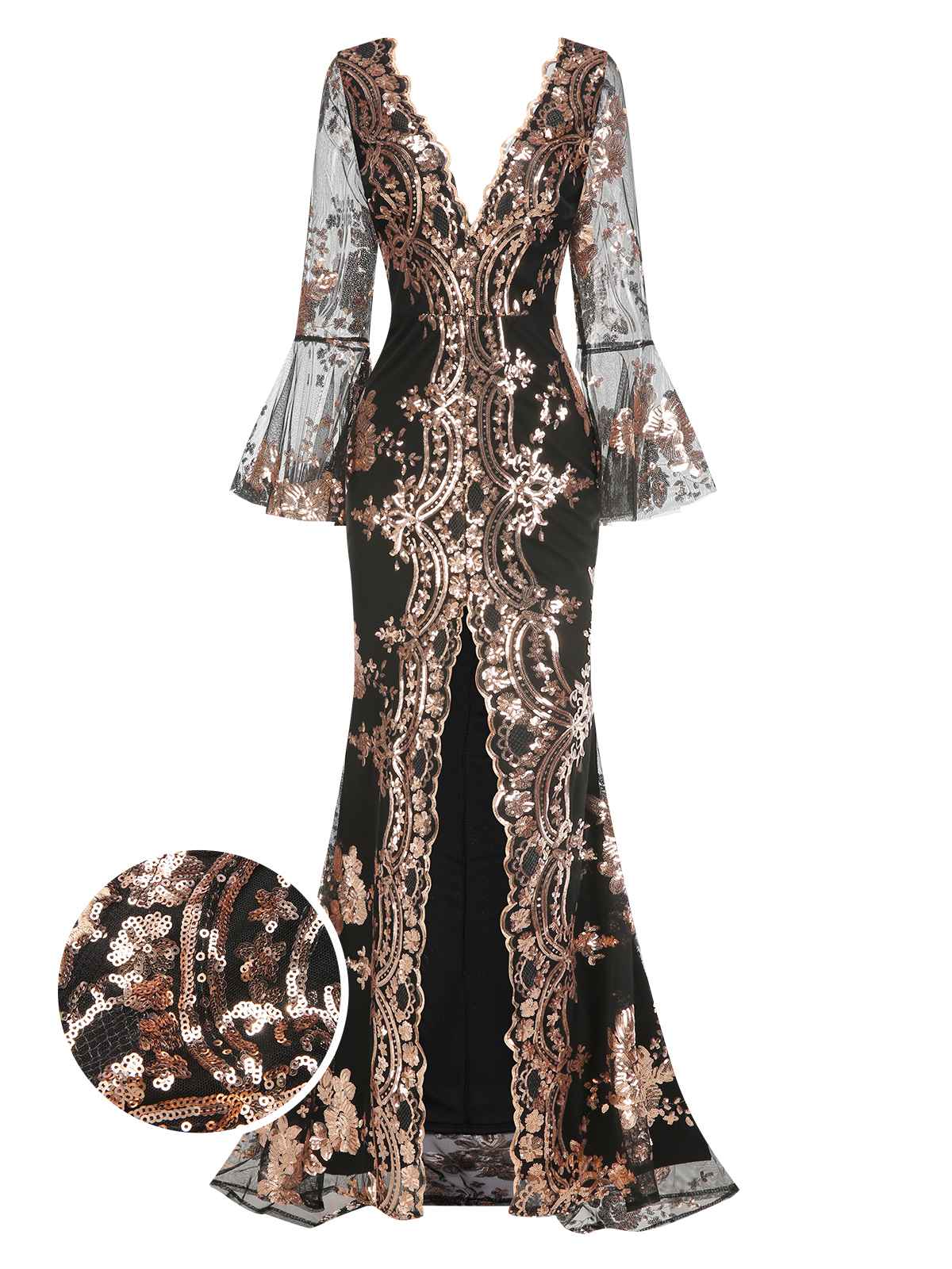 1920er Tiefer V-Ausschnitt Masche Pailletten Maxi Kleid - Image 5