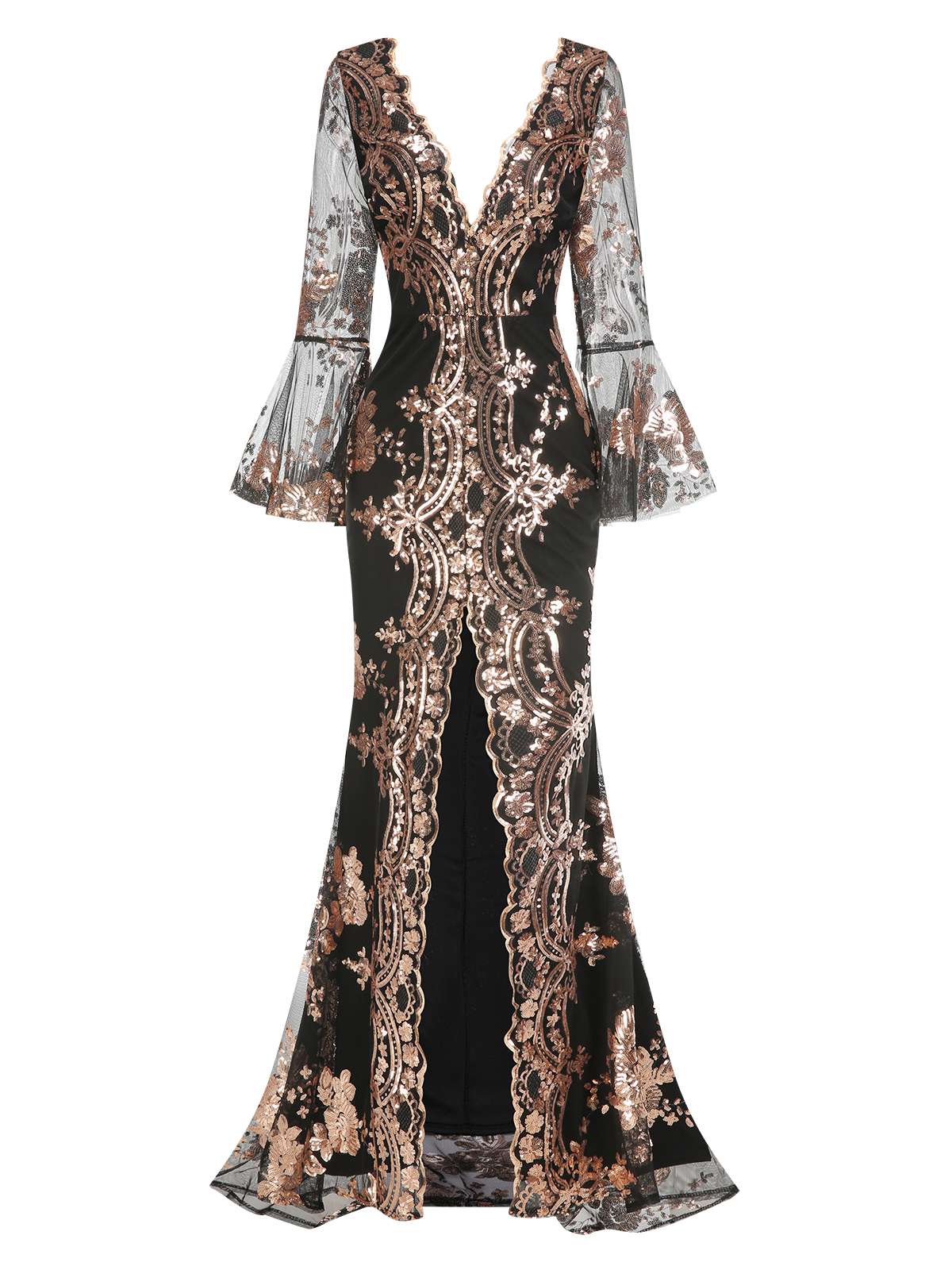 1920er Tiefer V-Ausschnitt Masche Pailletten Maxi Kleid - Image 6