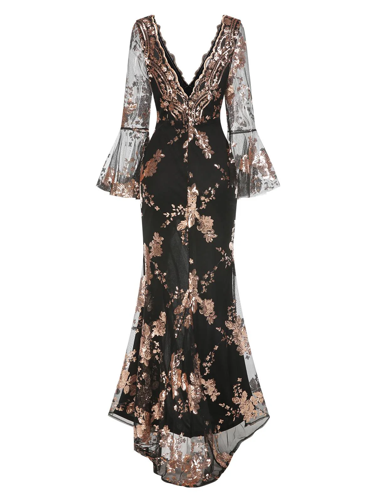 1920er Tiefer V-Ausschnitt Masche Pailletten Maxi Kleid - Image 7