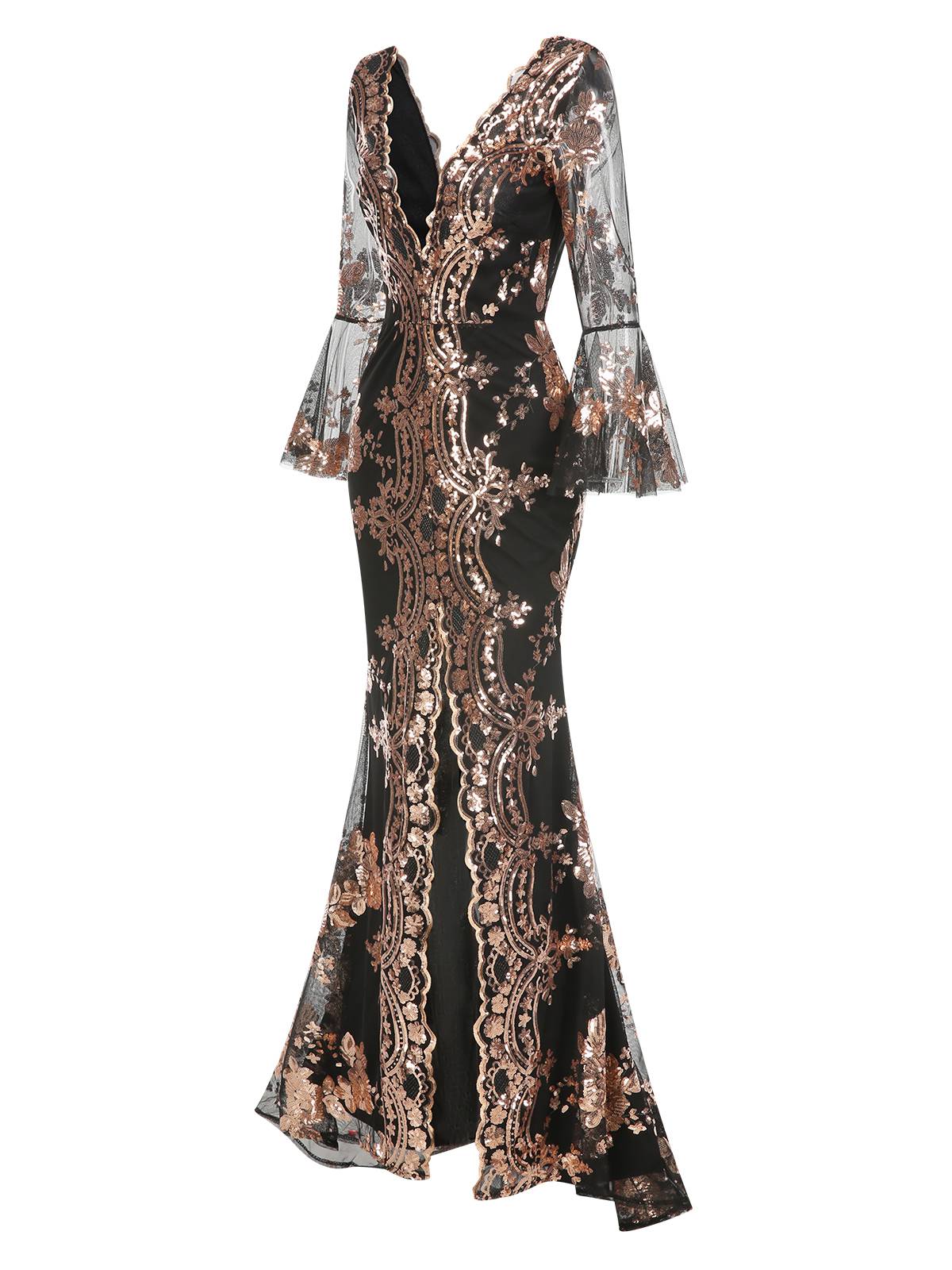 1920er Tiefer V-Ausschnitt Masche Pailletten Maxi Kleid - Image 8