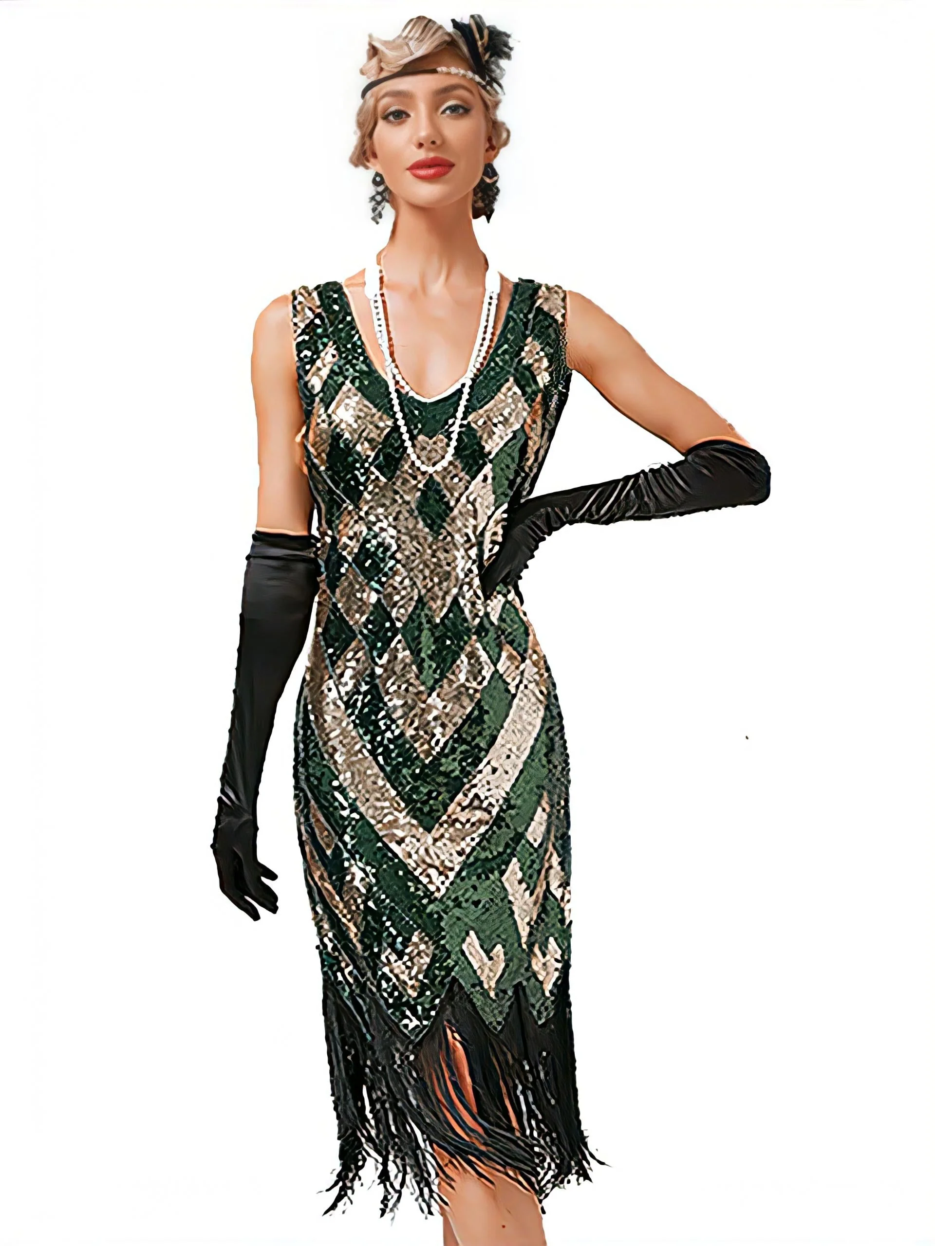 1920er V-Ausschnitt Pailletten Fransen Abendkleid - Image 3