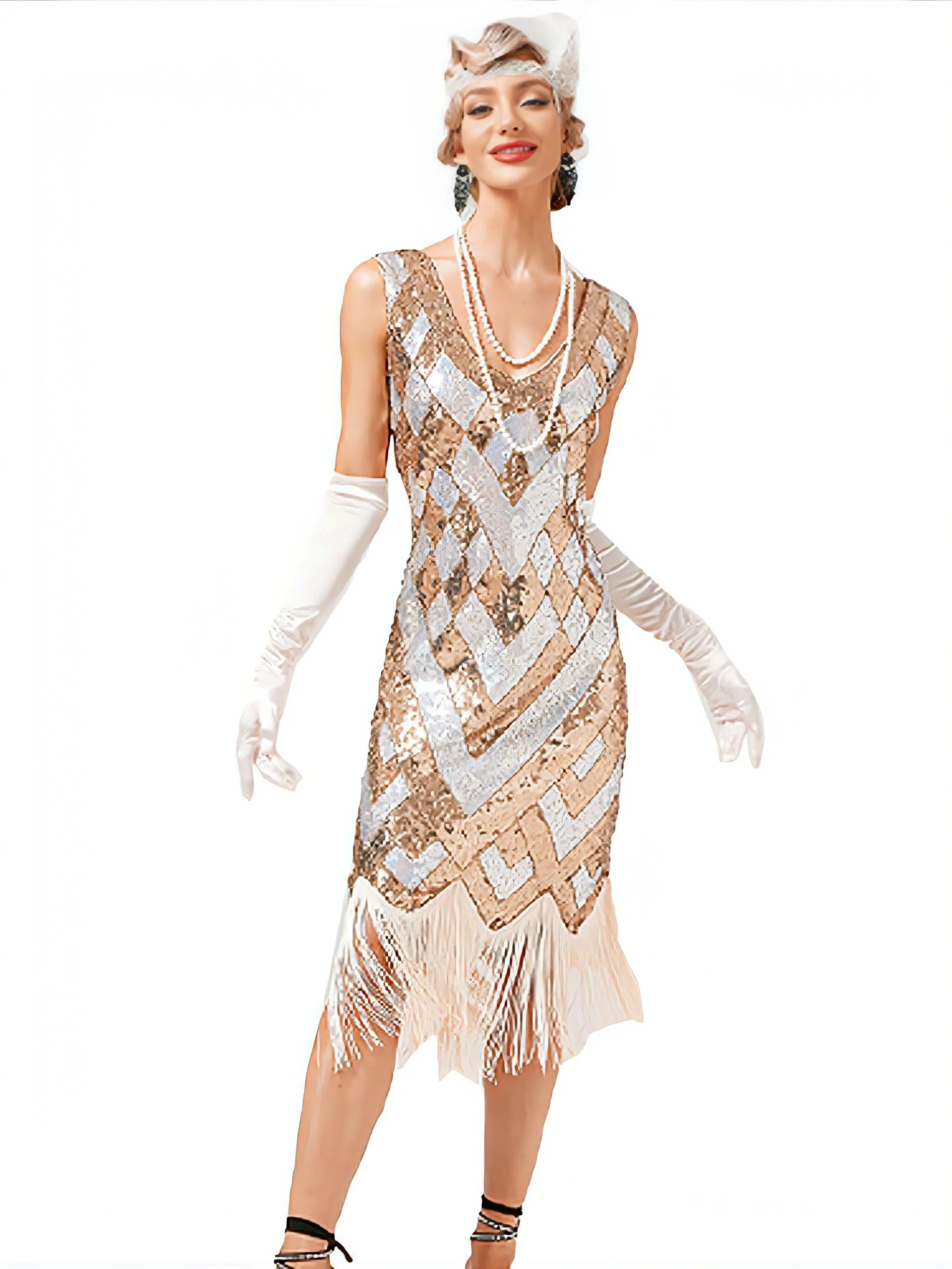 1920er V-Ausschnitt Pailletten Fransen Abendkleid - Image 4