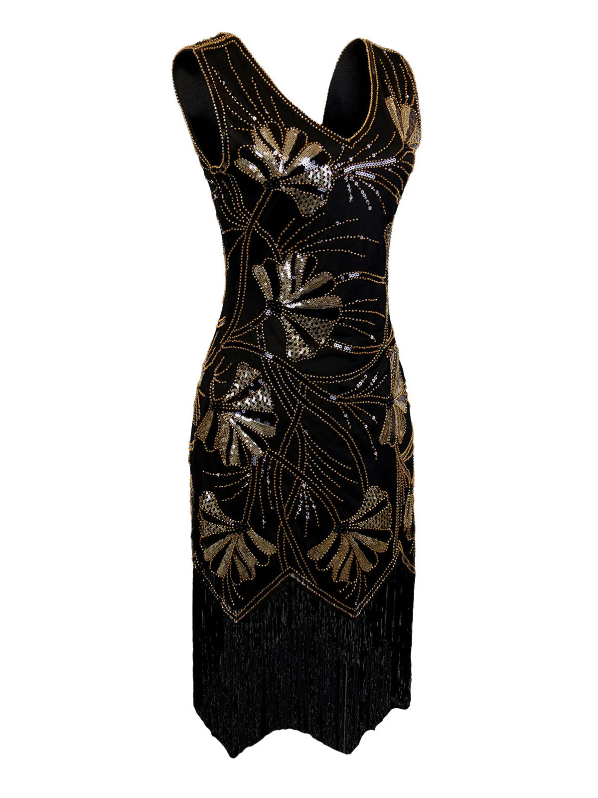 1920er V-Ausschnitt Pailletten Perlenbesatz Flapper Kleid - Image 2