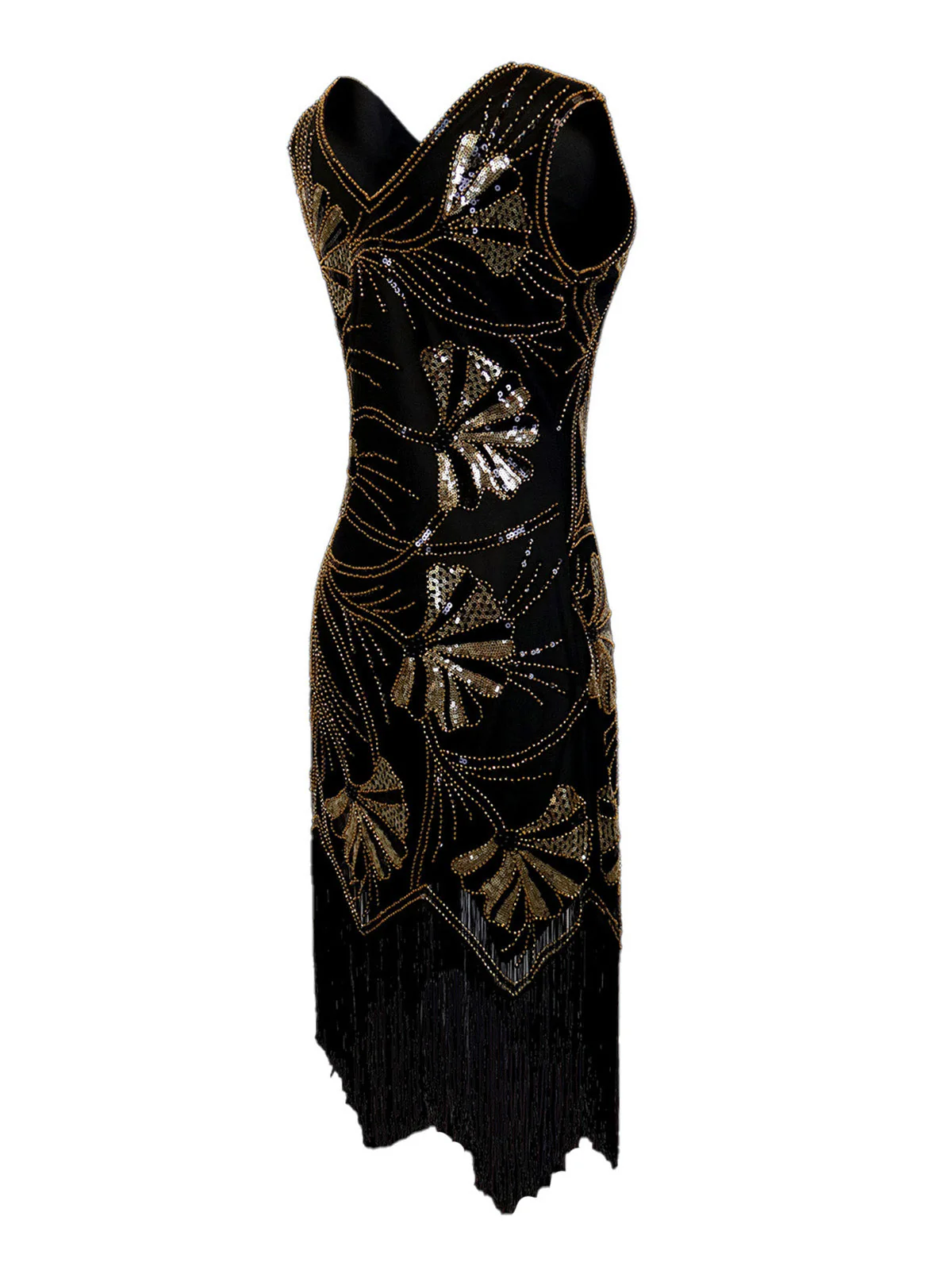 1920er V-Ausschnitt Pailletten Perlenbesatz Flapper Kleid - Image 3