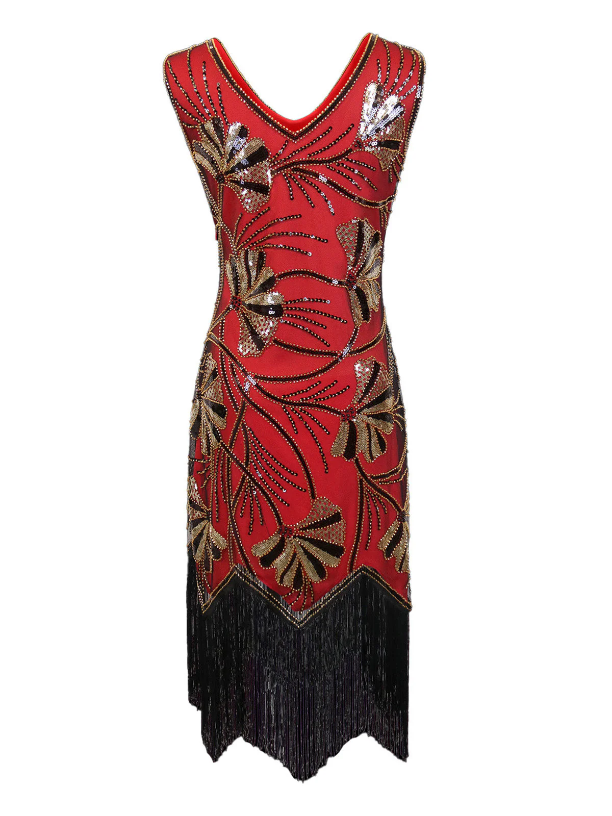 1920er V-Ausschnitt Pailletten Perlenbesatz Flapper Kleid - Image 5
