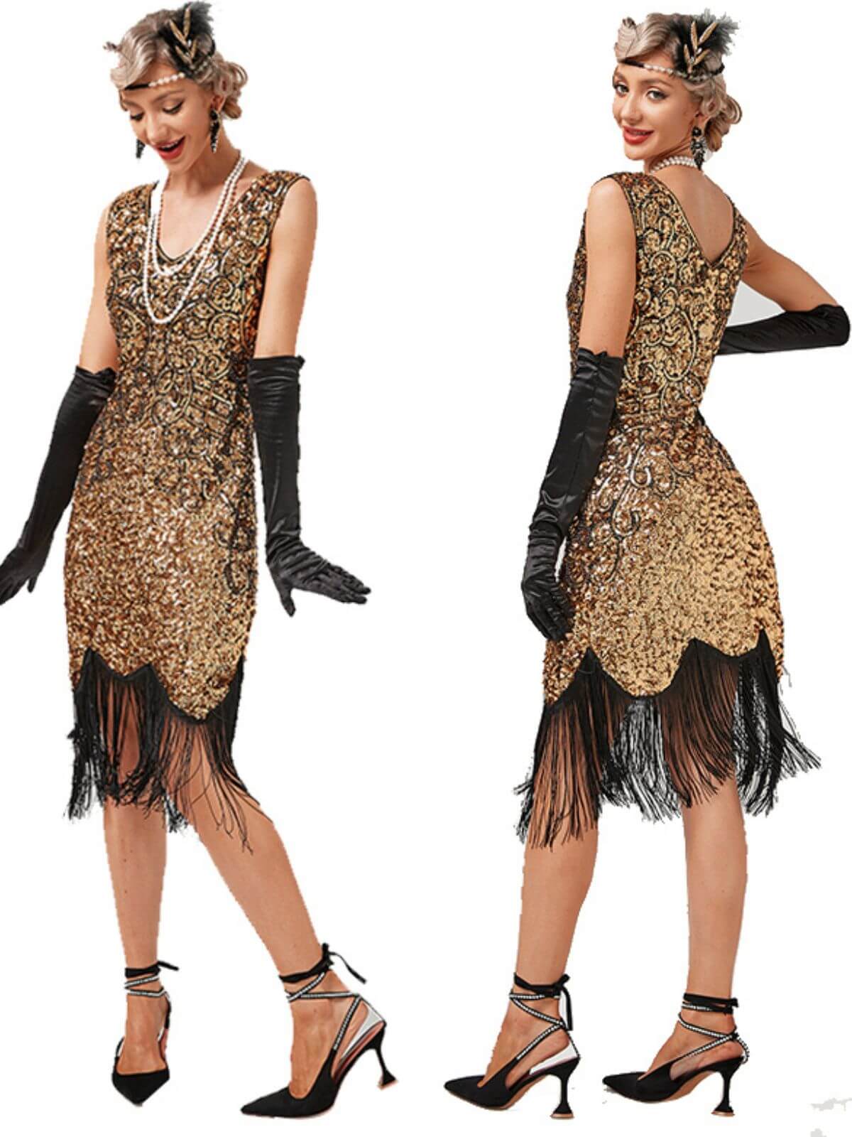 1920er V-Ausschnitt Pailletten Quasten Gatsby Kleid - Image 3