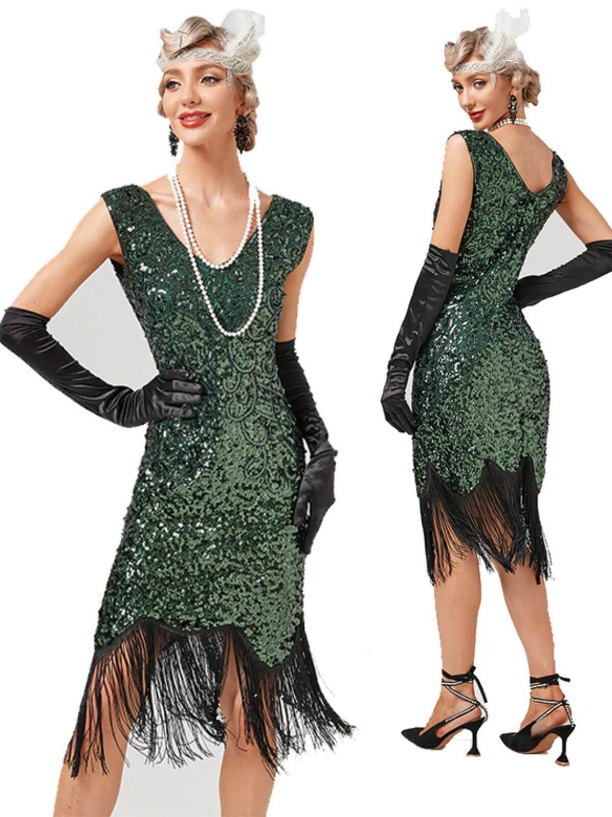 1920er V-Ausschnitt Pailletten Quasten Gatsby Kleid - Image 4
