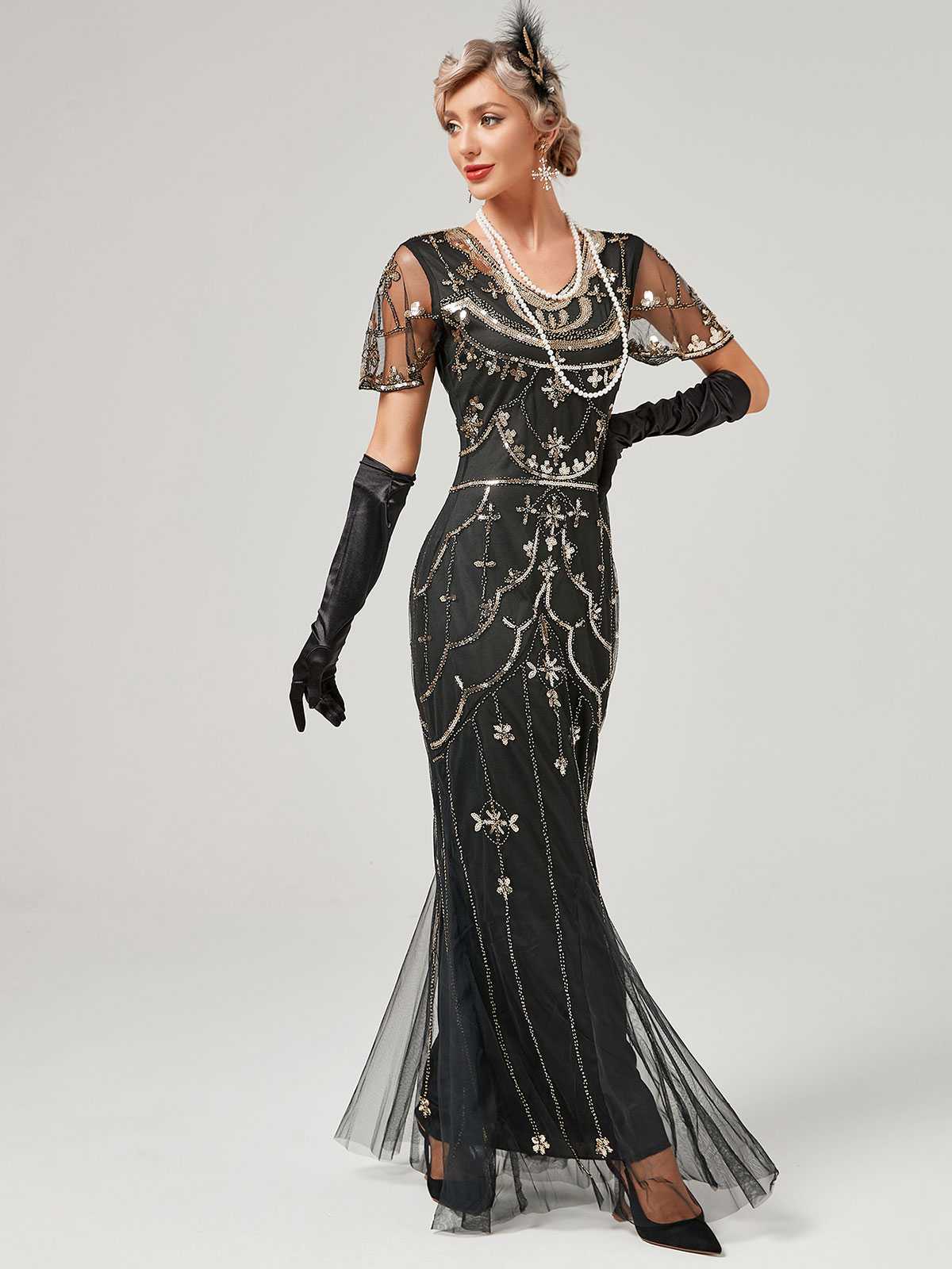 1920er V-Ausschnitt Paillettenbesetztes Mesh Meerjungfrauenkleid Formelles Kleid