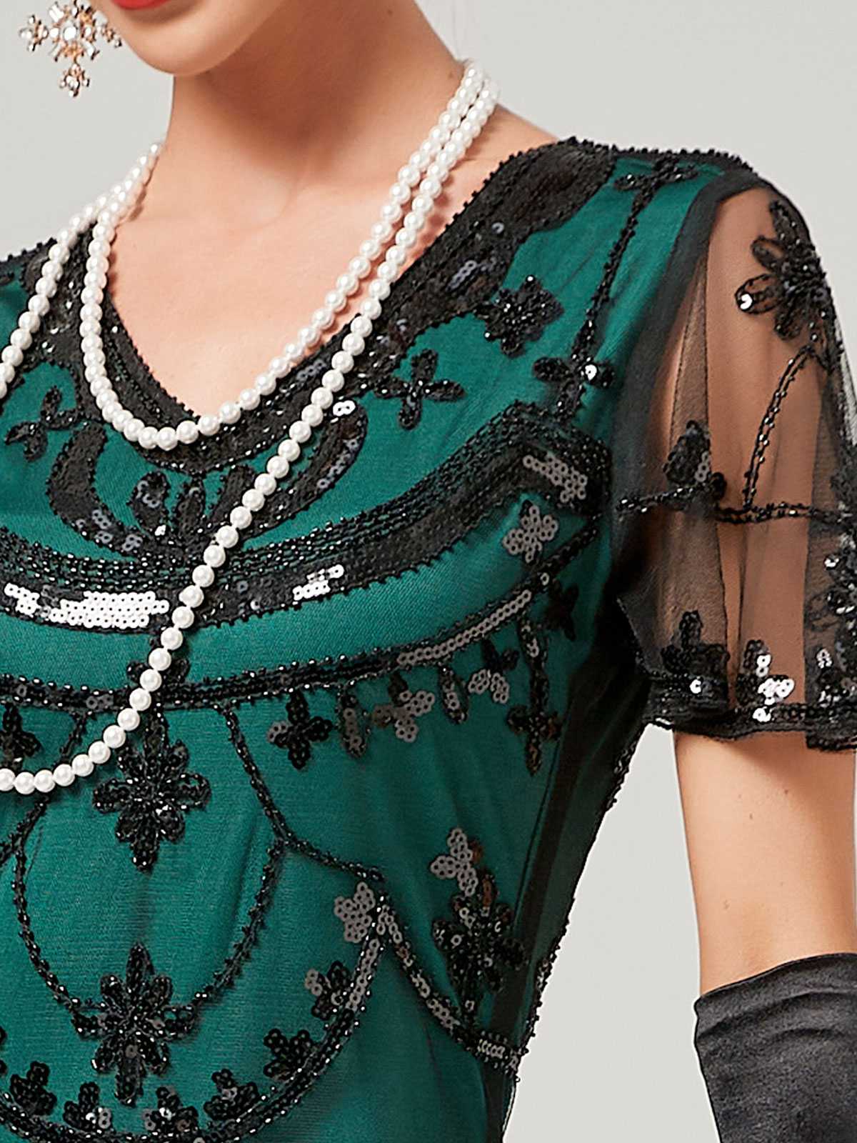 1920er V-Ausschnitt Paillettenbesetztes Mesh Meerjungfrauenkleid Formelles Kleid - Image 15