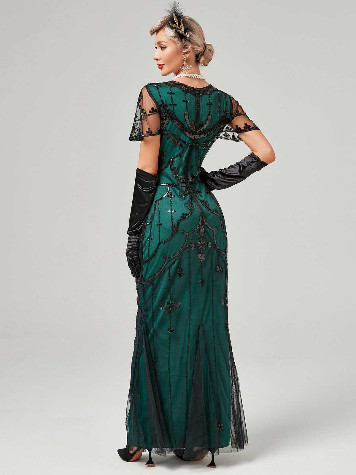 1920er V-Ausschnitt Paillettenbesetztes Mesh Meerjungfrauenkleid Formelles Kleid - Image 17
