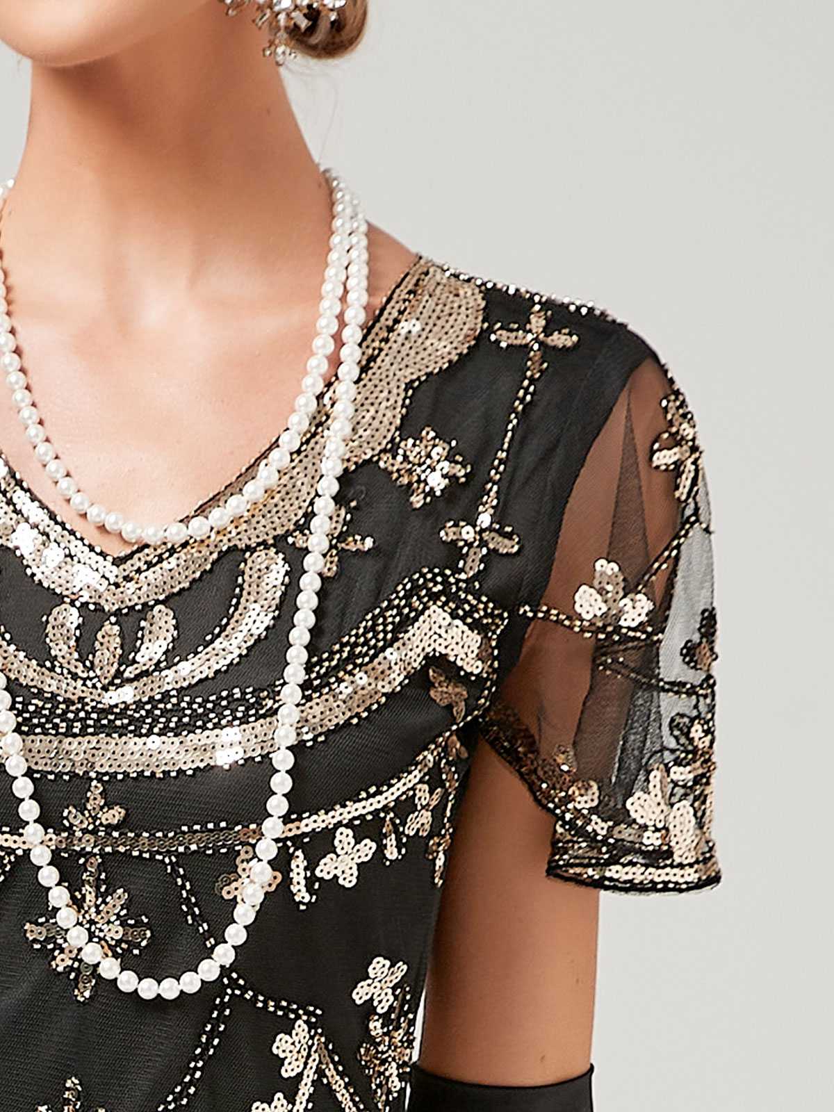 1920er V-Ausschnitt Paillettenbesetztes Mesh Meerjungfrauenkleid Formelles Kleid - Image 18