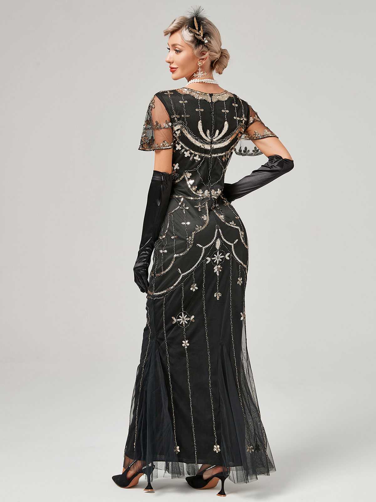 1920er V-Ausschnitt Paillettenbesetztes Mesh Meerjungfrauenkleid Formelles Kleid - Image 19