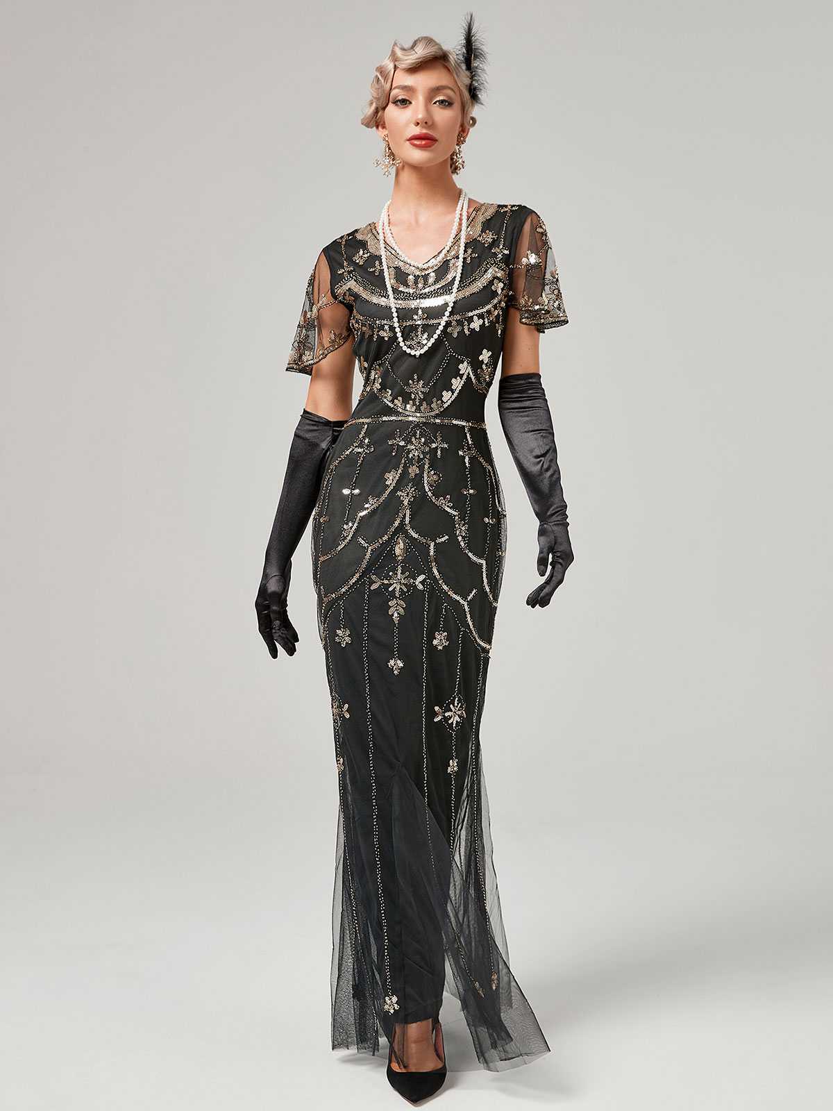 1920er V-Ausschnitt Paillettenbesetztes Mesh Meerjungfrauenkleid Formelles Kleid - Image 2