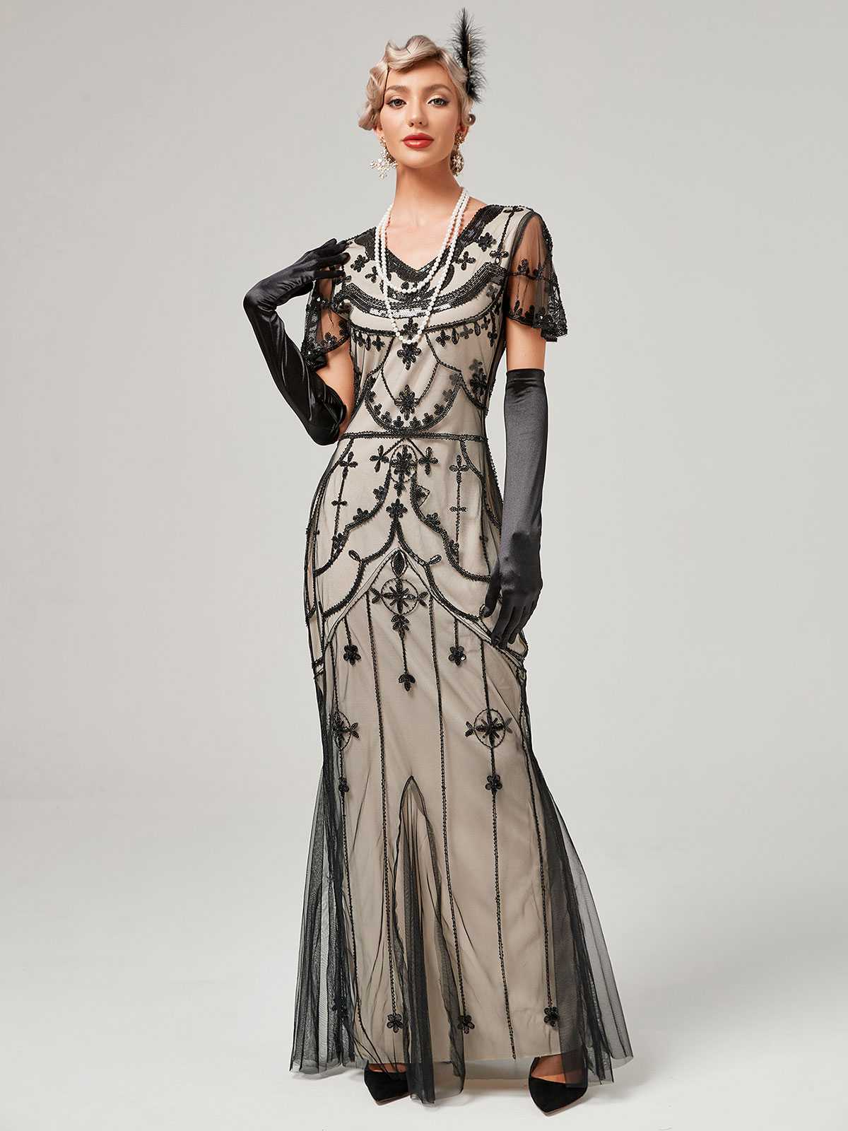 1920er V-Ausschnitt Paillettenbesetztes Mesh Meerjungfrauenkleid Formelles Kleid - Image 20