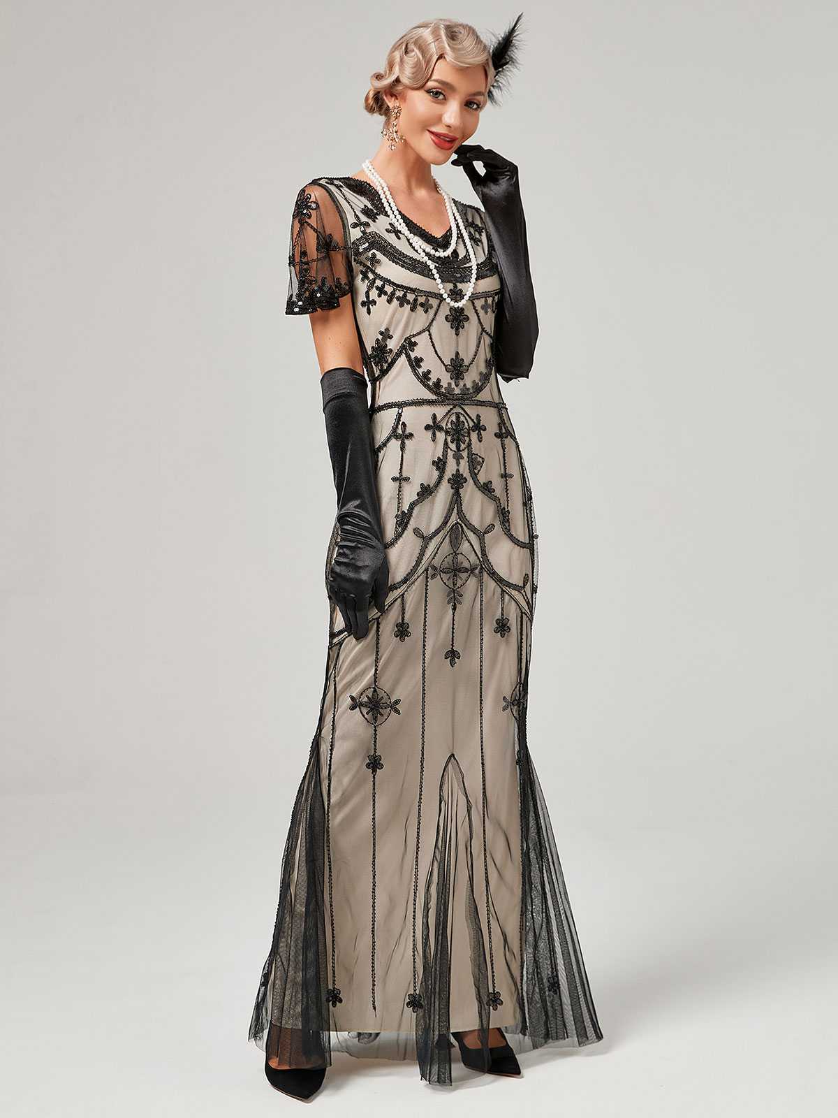 1920er V-Ausschnitt Paillettenbesetztes Mesh Meerjungfrauenkleid Formelles Kleid - Image 21