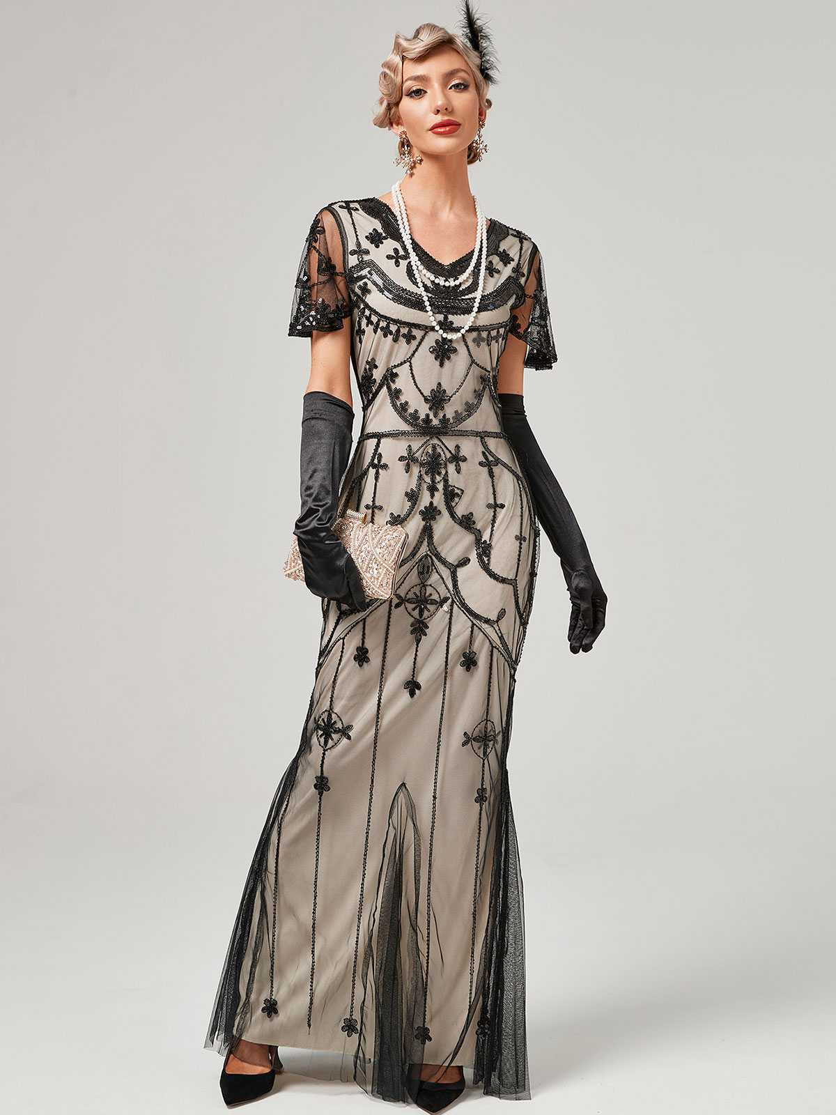 1920er V-Ausschnitt Paillettenbesetztes Mesh Meerjungfrauenkleid Formelles Kleid - Image 22