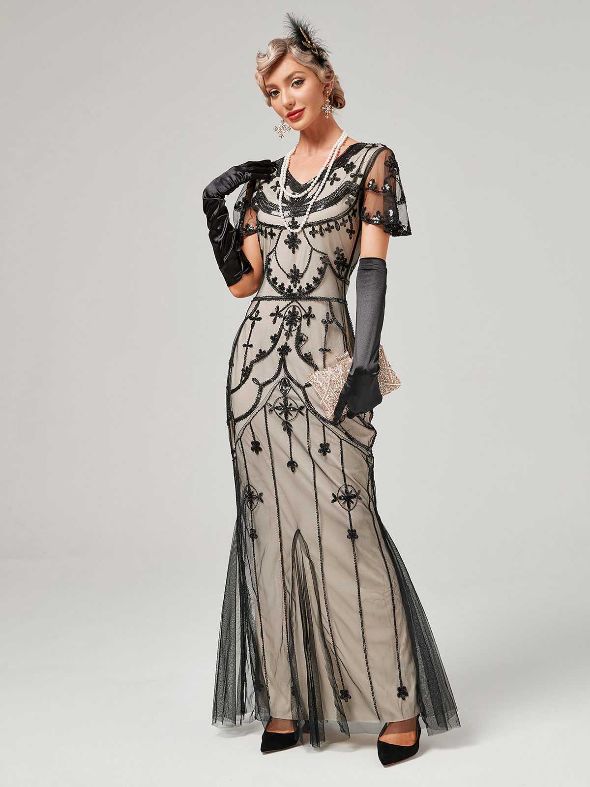 1920er V-Ausschnitt Paillettenbesetztes Mesh Meerjungfrauenkleid Formelles Kleid - Image 23