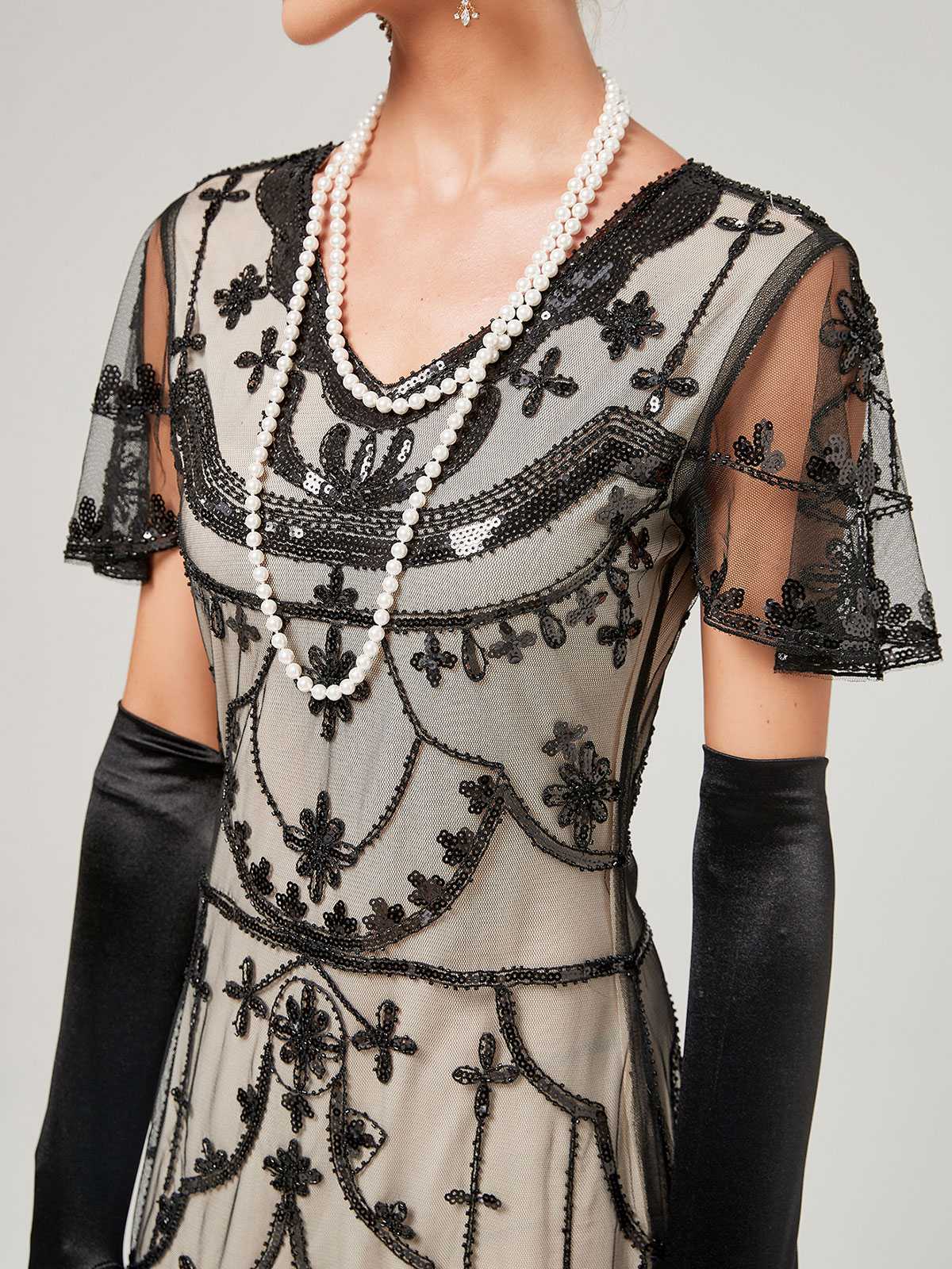 1920er V-Ausschnitt Paillettenbesetztes Mesh Meerjungfrauenkleid Formelles Kleid - Image 24
