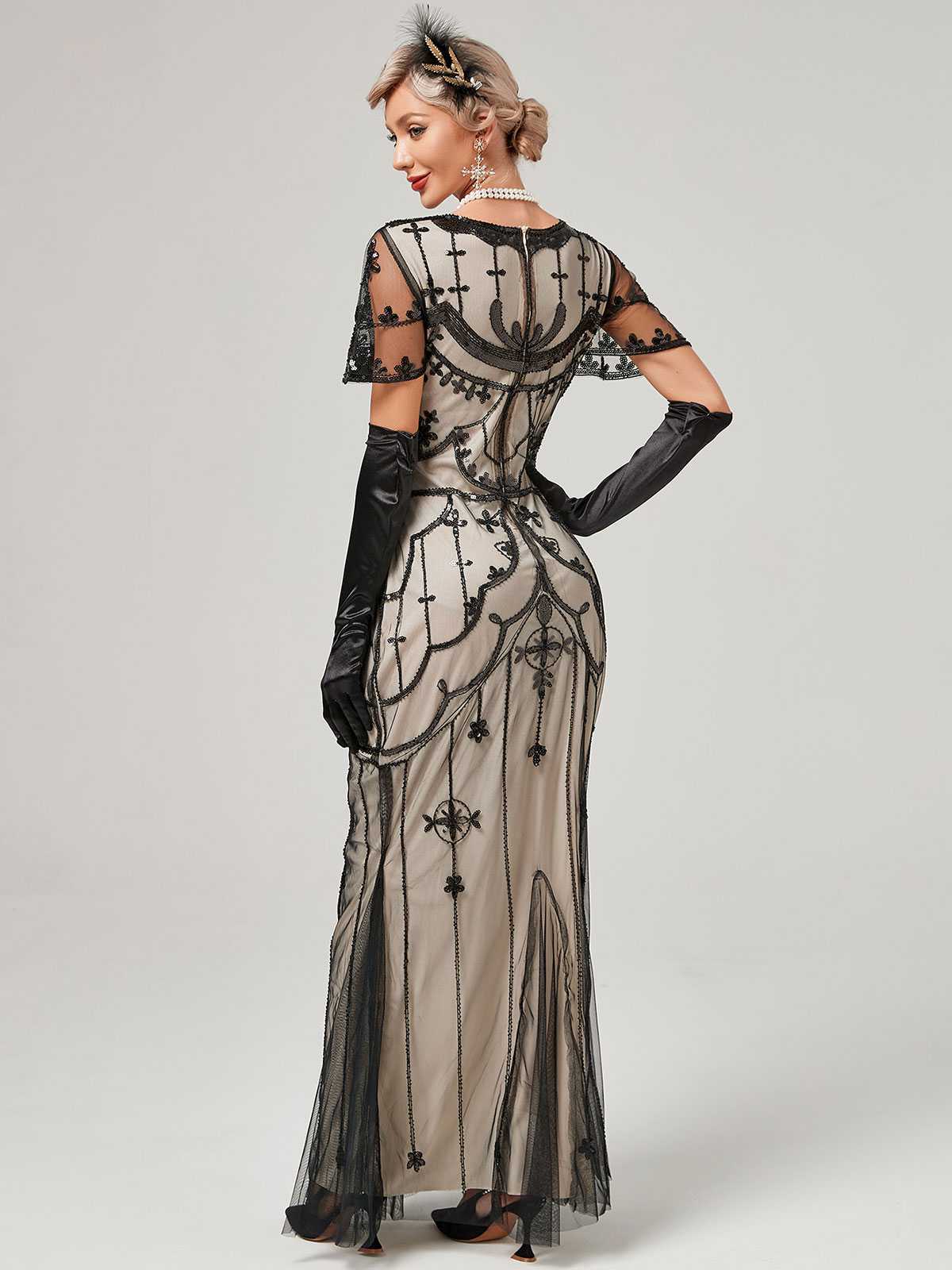 1920er V-Ausschnitt Paillettenbesetztes Mesh Meerjungfrauenkleid Formelles Kleid - Image 25