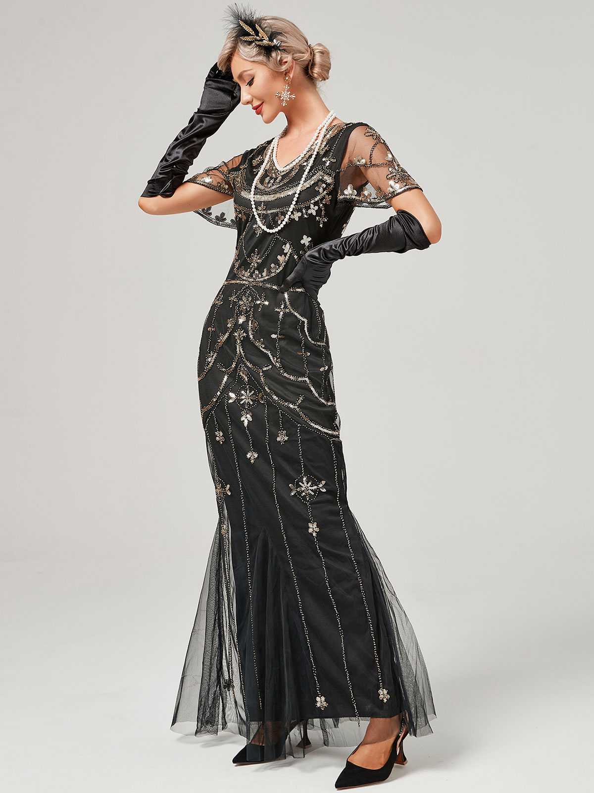 1920er V-Ausschnitt Paillettenbesetztes Mesh Meerjungfrauenkleid Formelles Kleid - Image 4